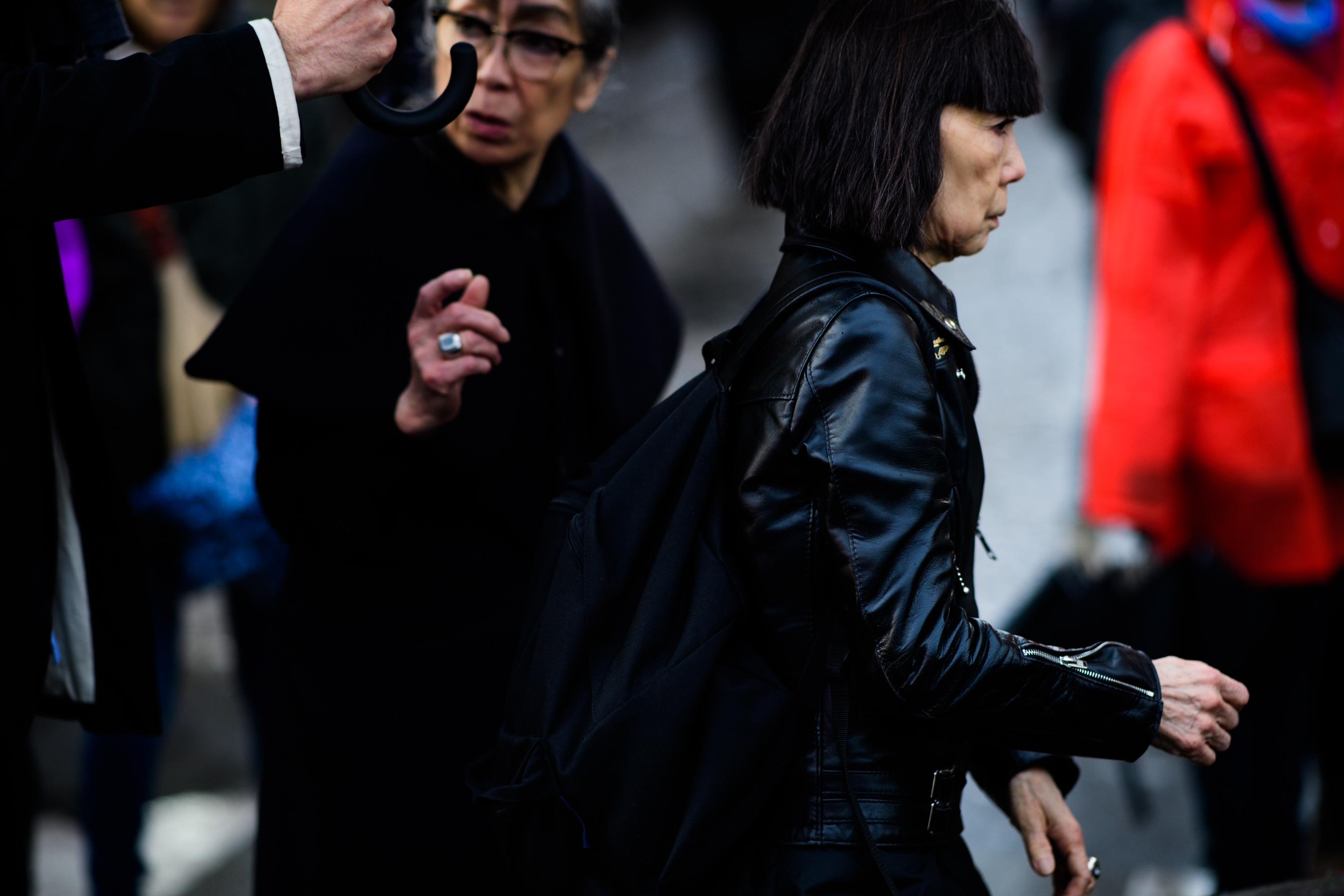 Comme des Garçons designer wearing leather jacket