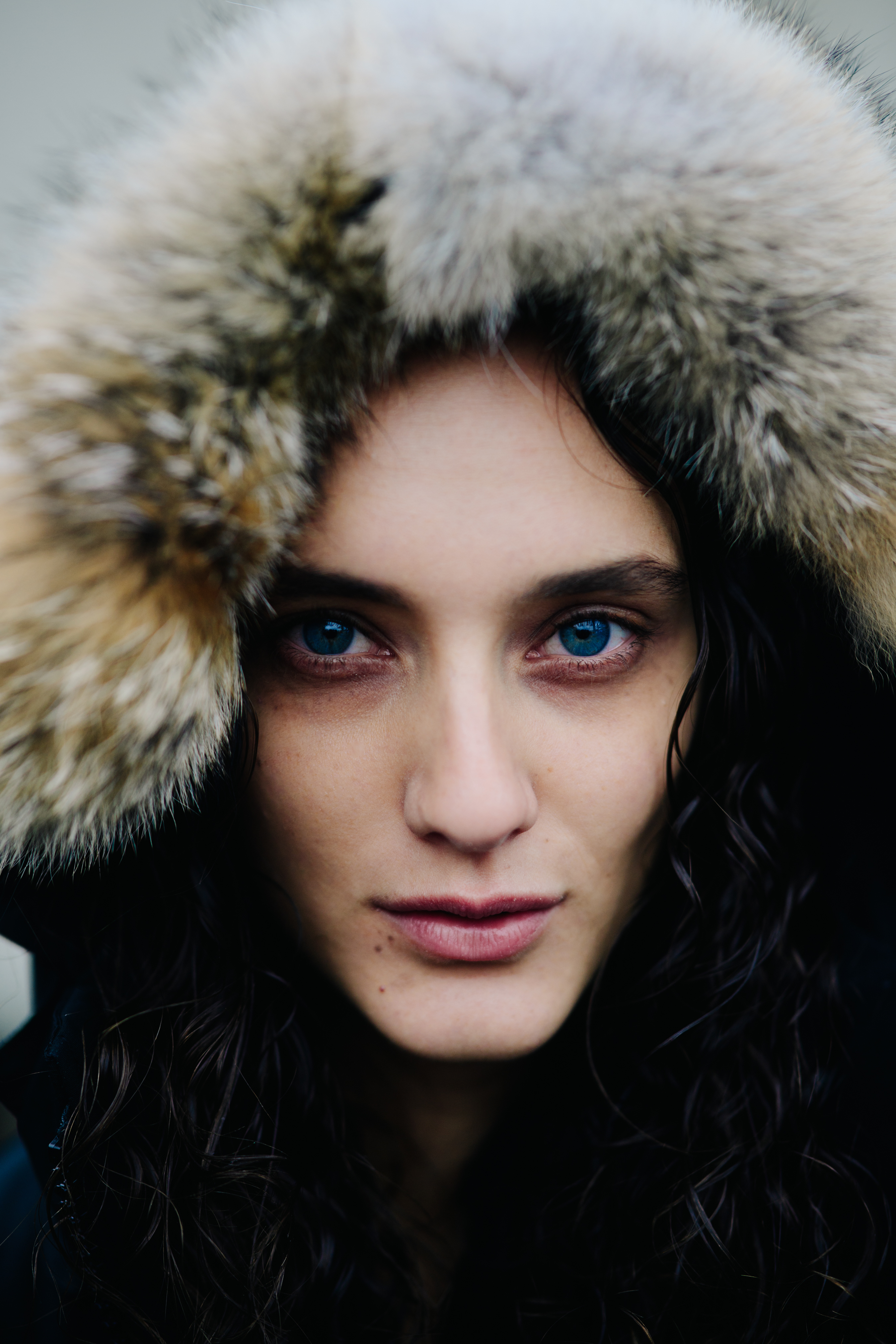 Model wearing furry hood hair after Céline