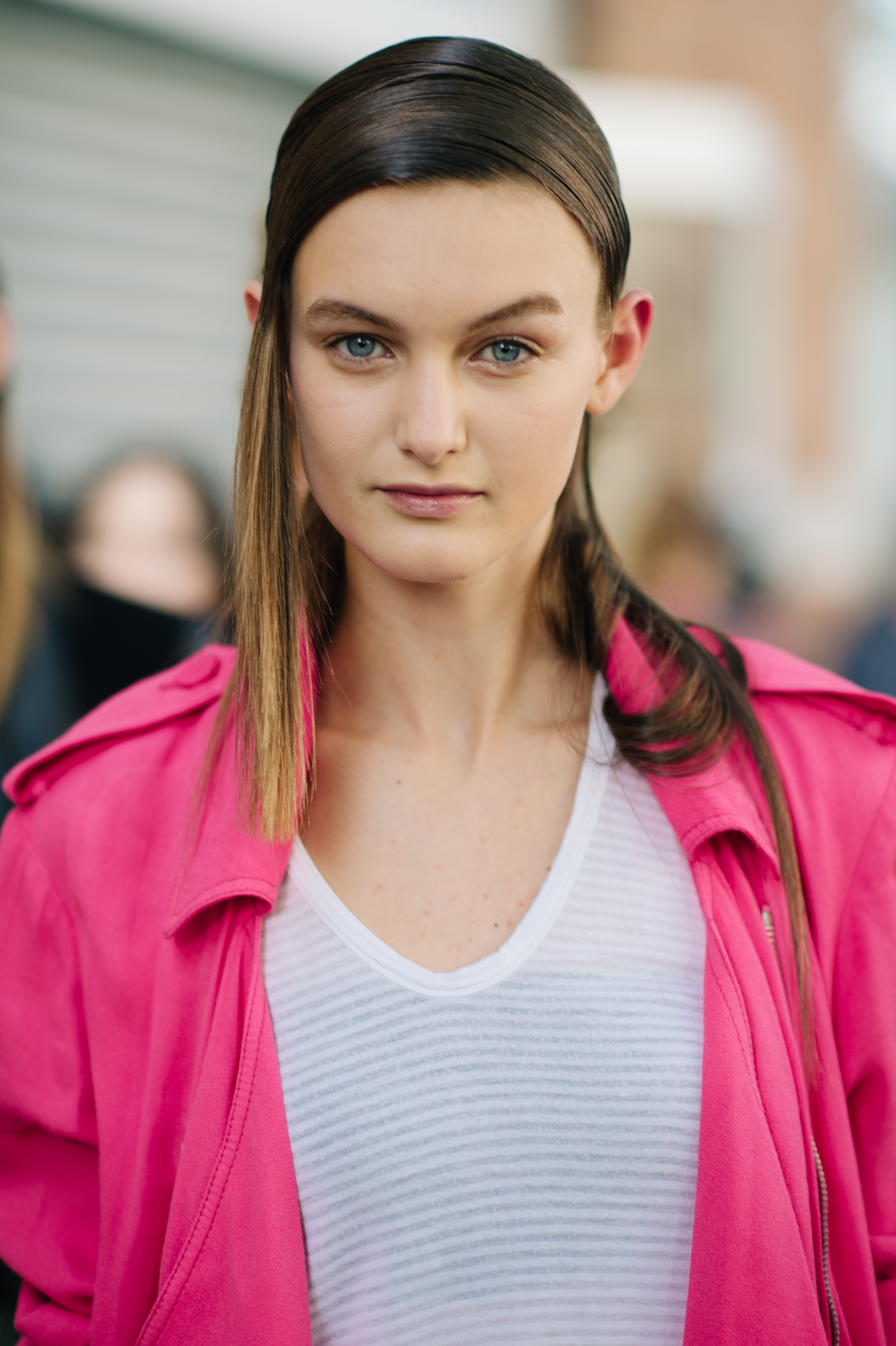 Model wearing pink coat