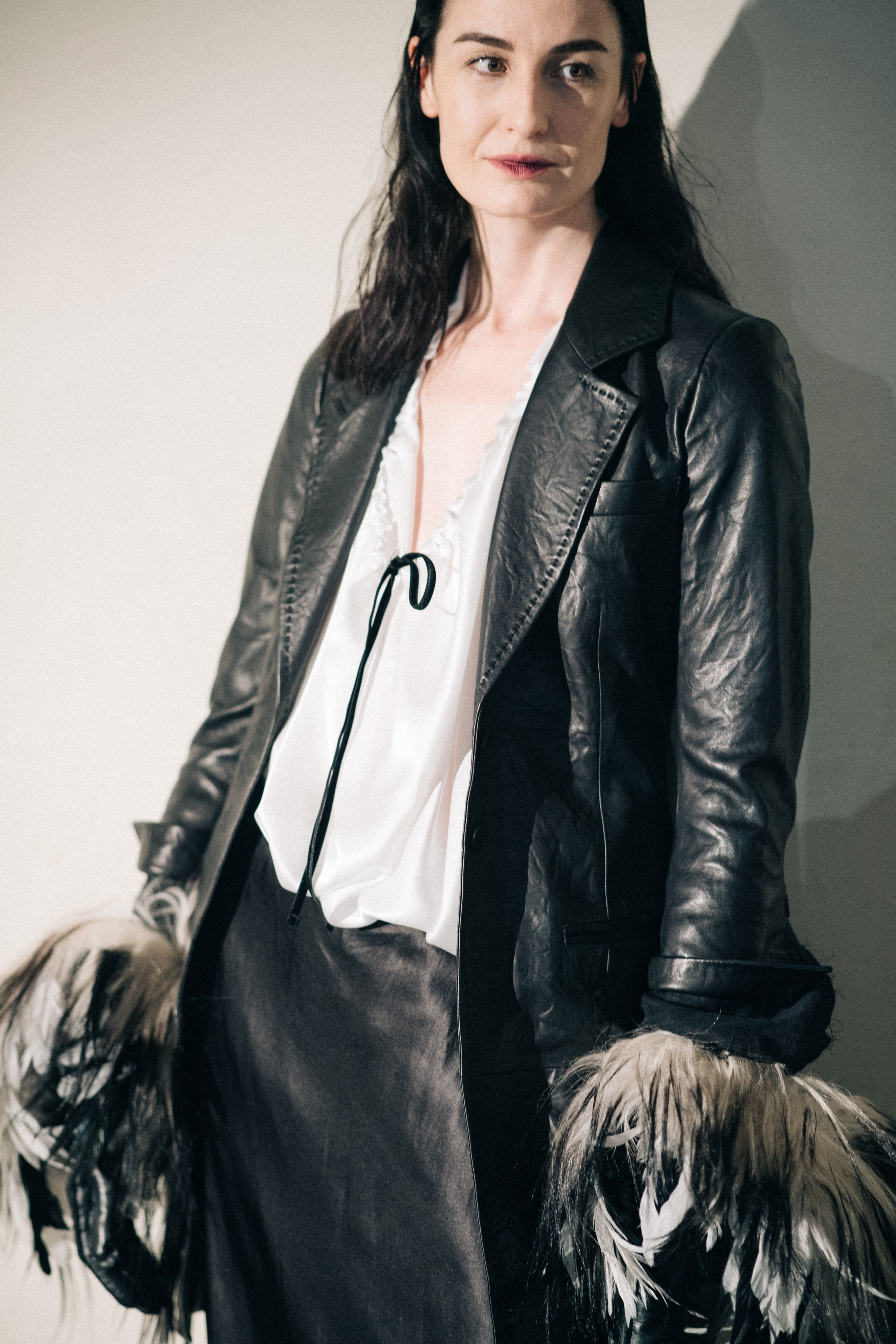 Model Erin O'Connor wearing leather