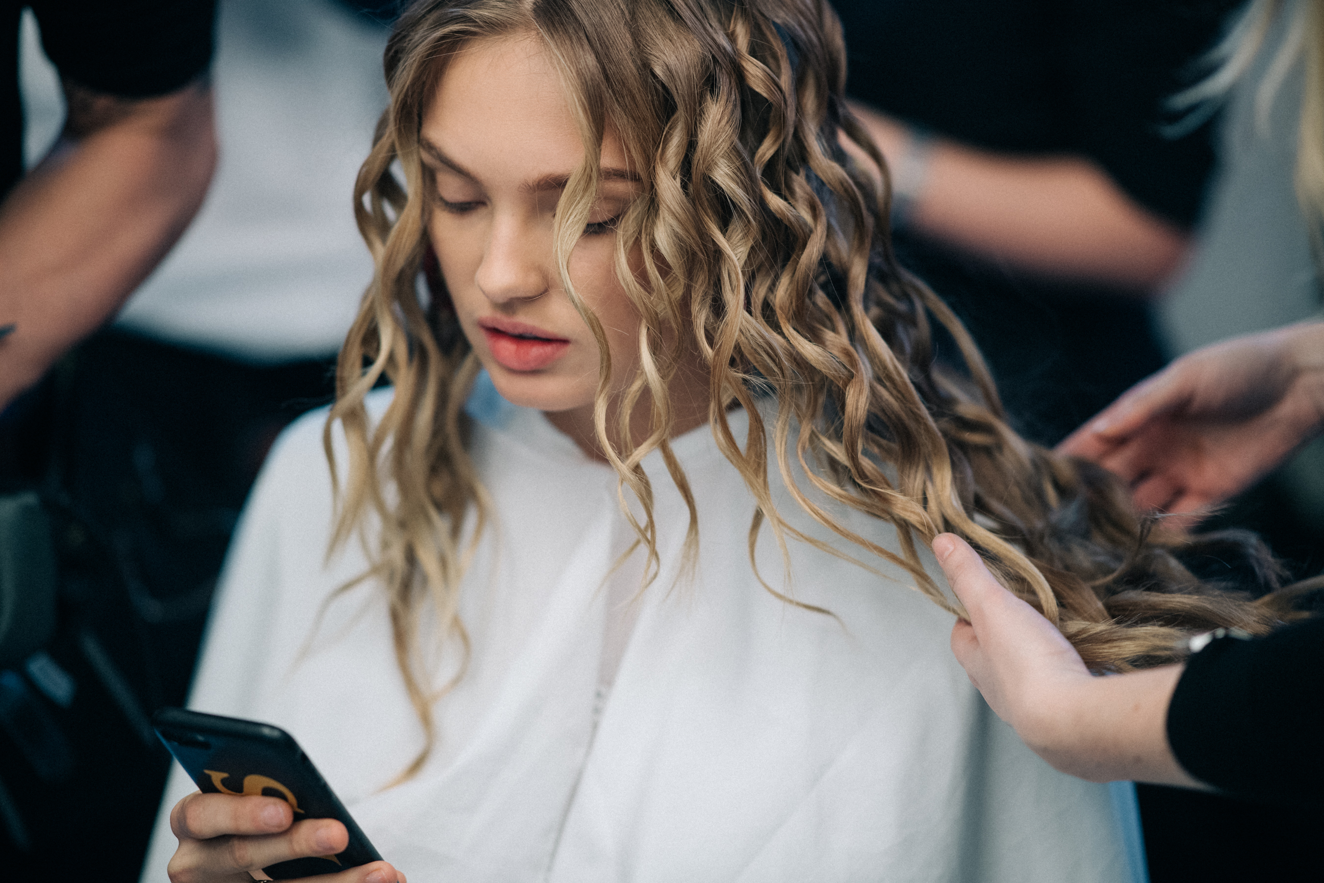 Model Romee Strijd getting hair done