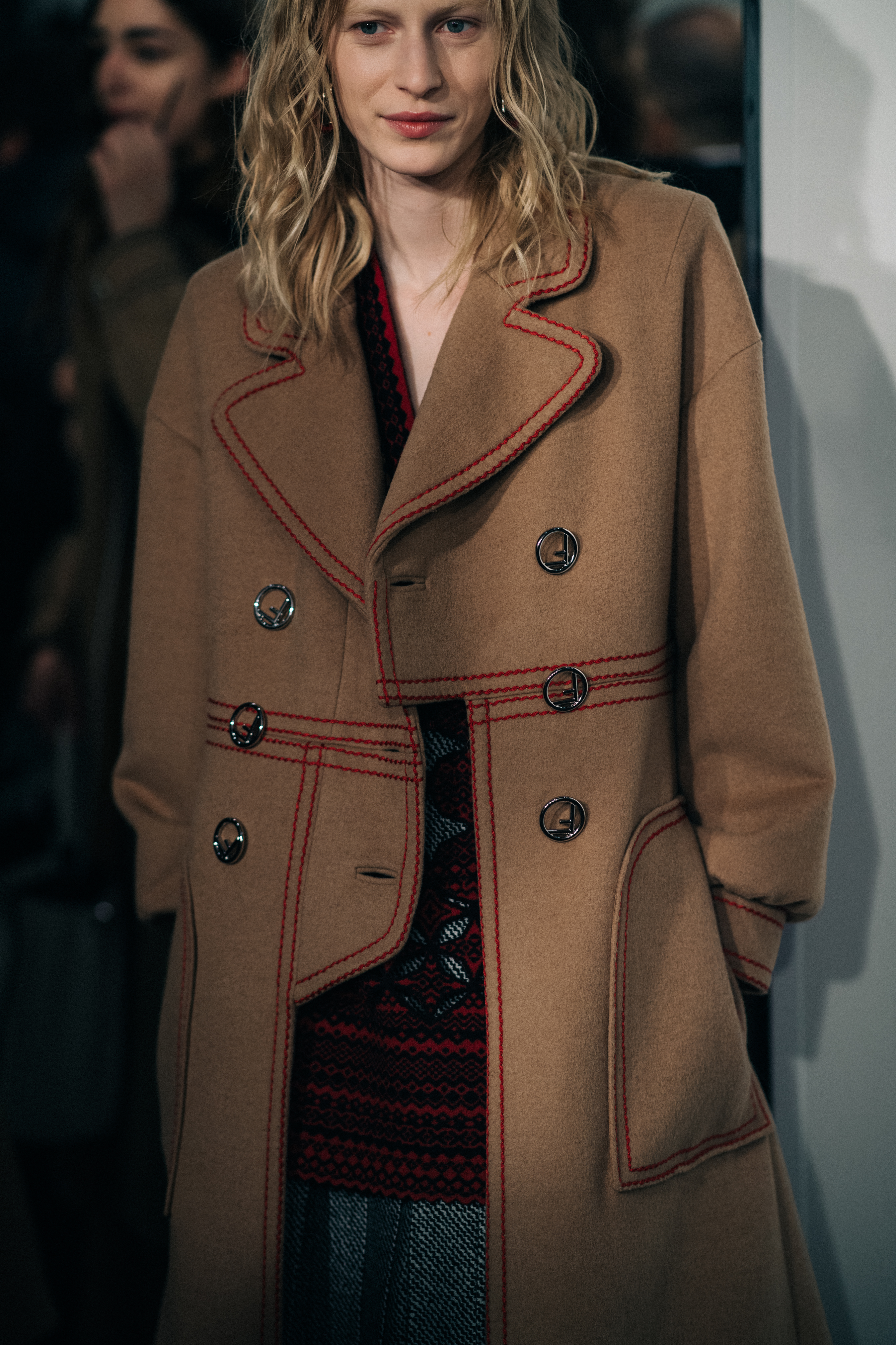 Model Julia Nobis wearing coat