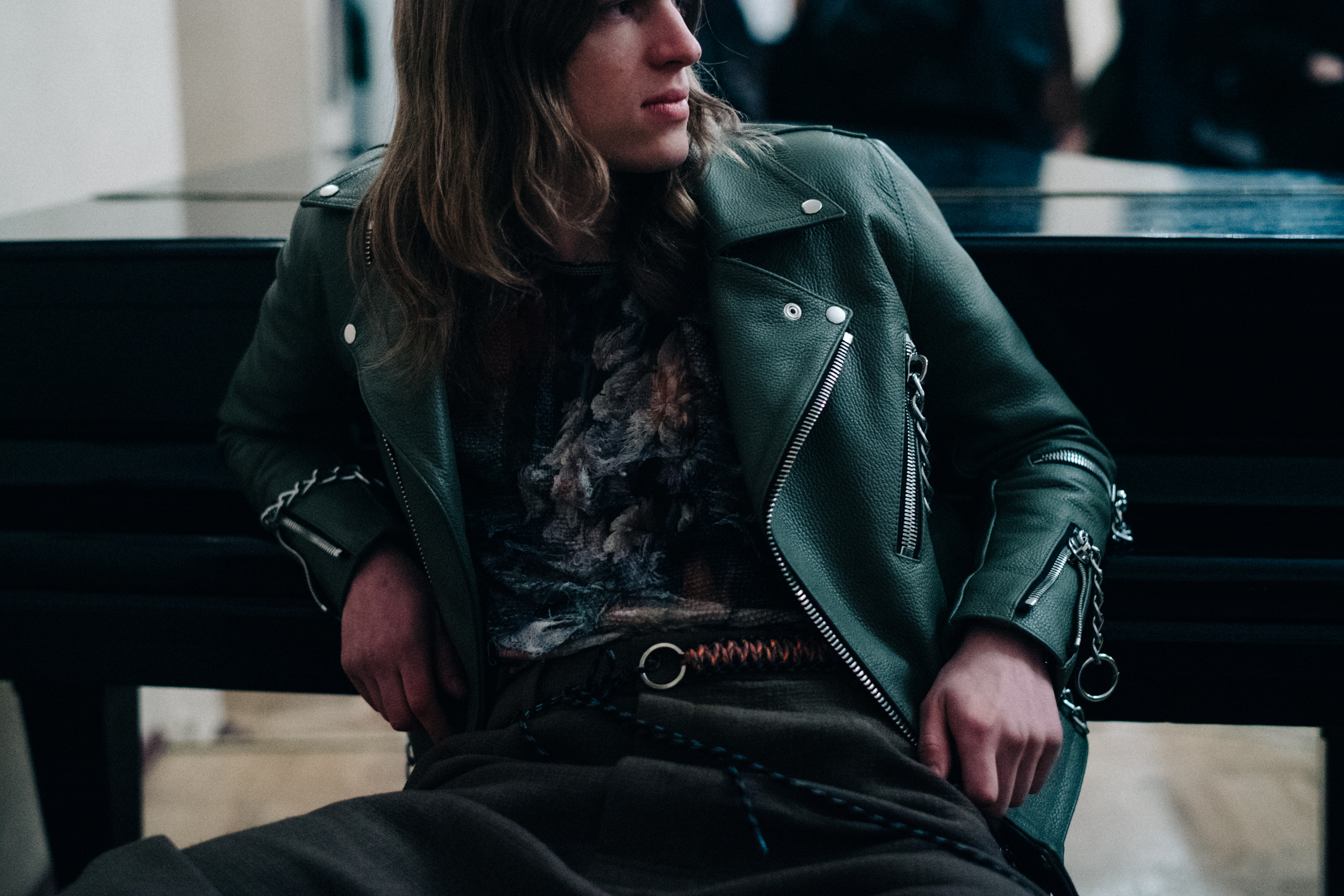 Male model wearing green jacket