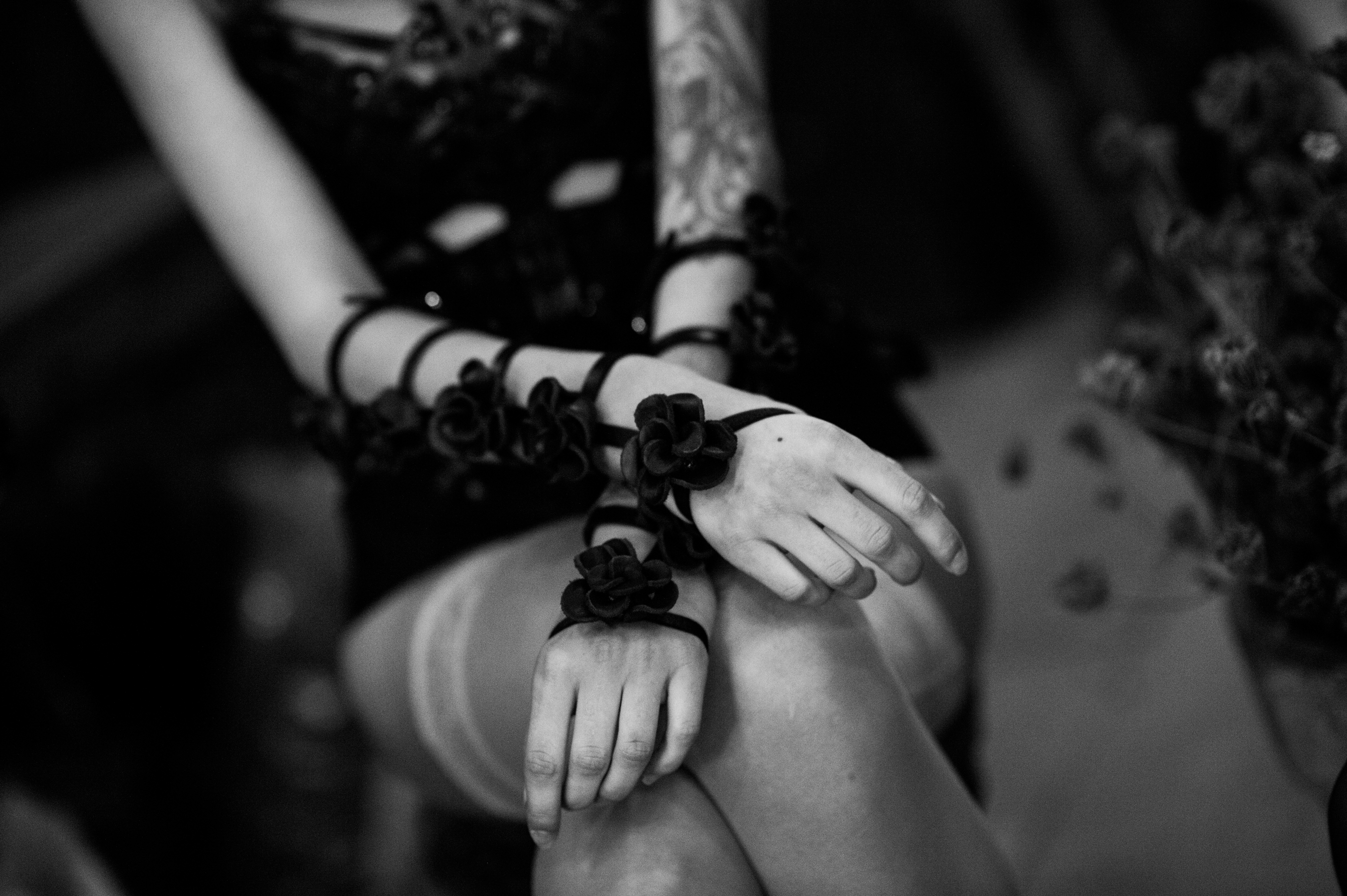 Model wearing leather flowers