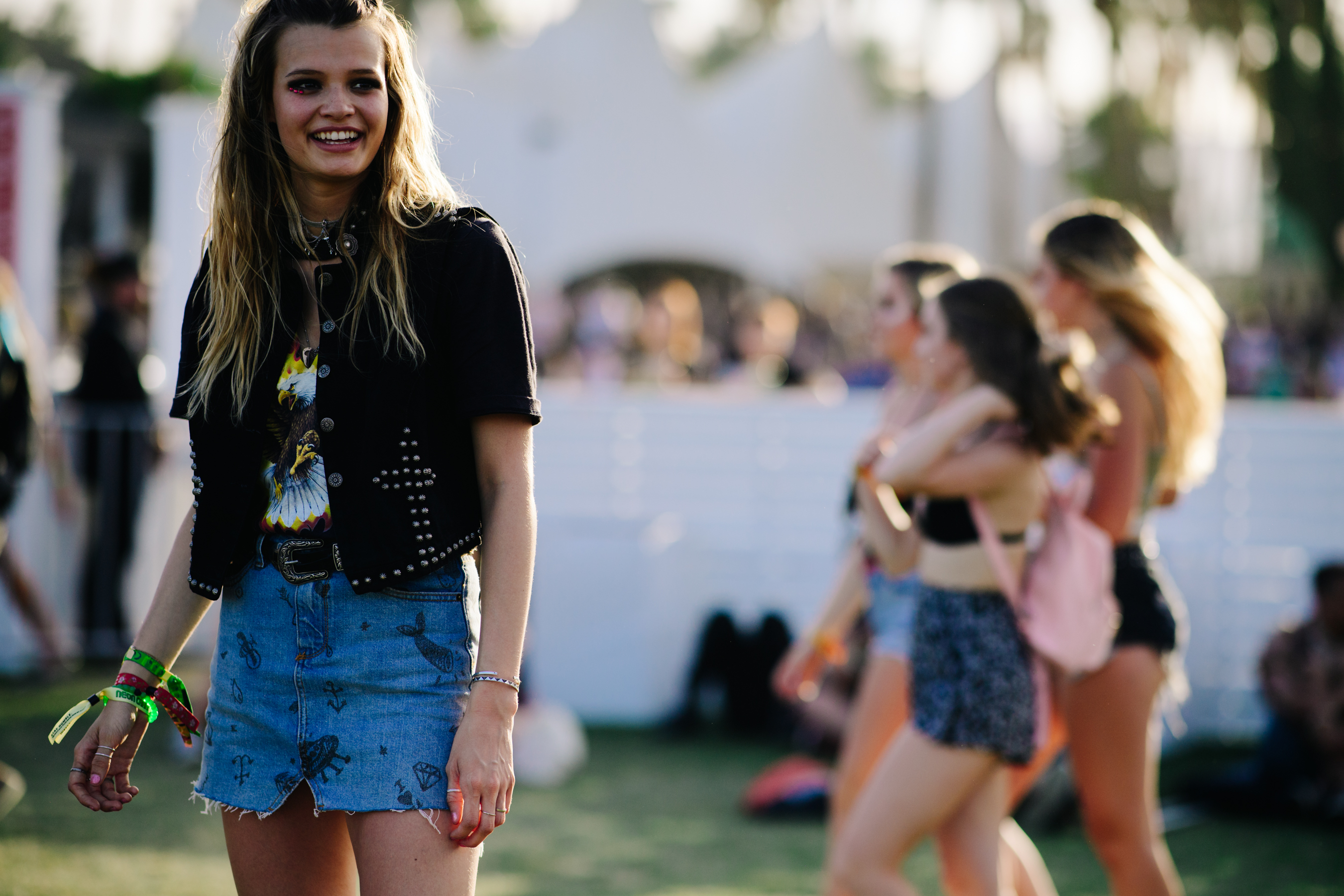 Model wearing customized denim skirt