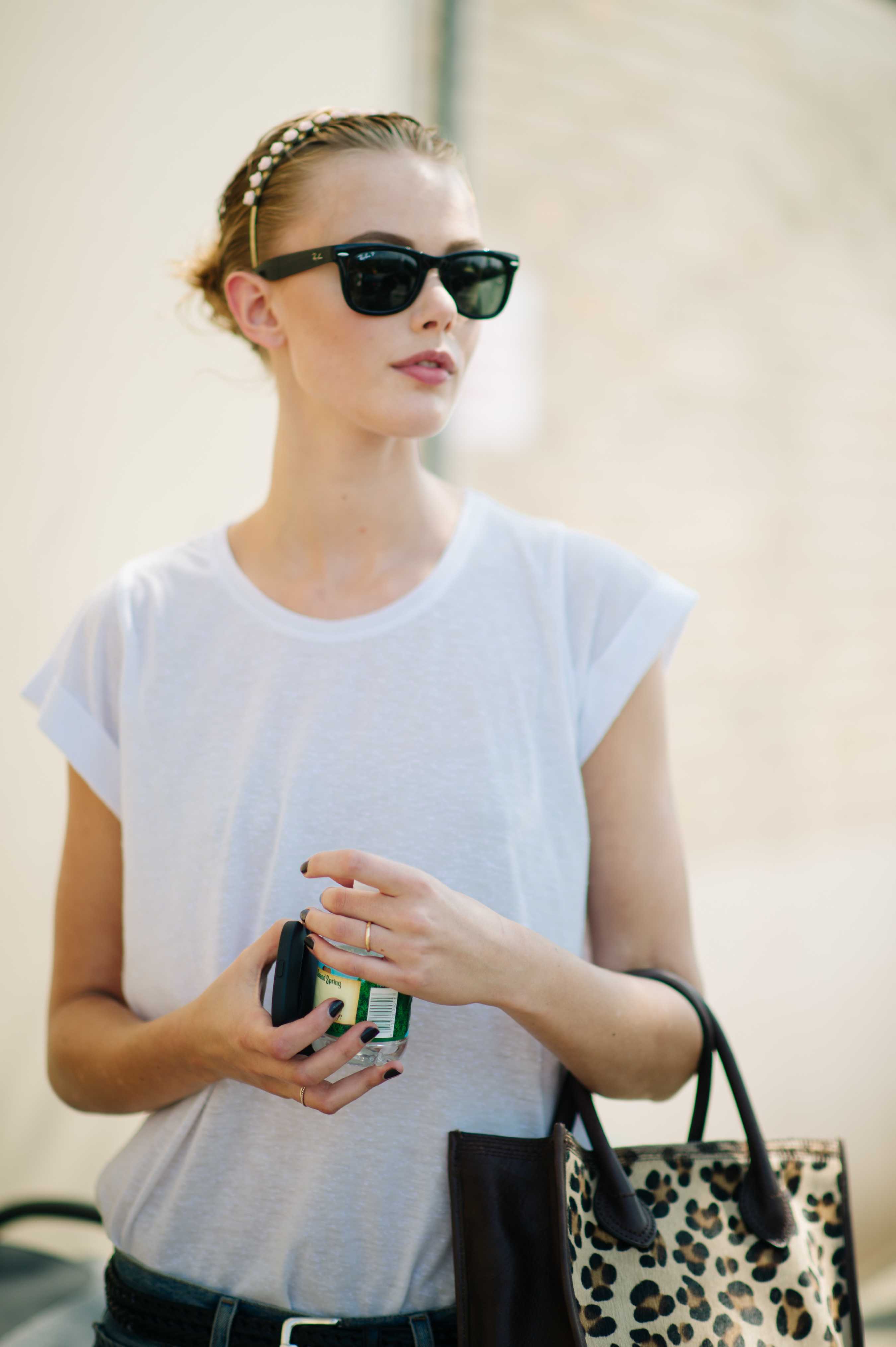 Model wearing white shirt