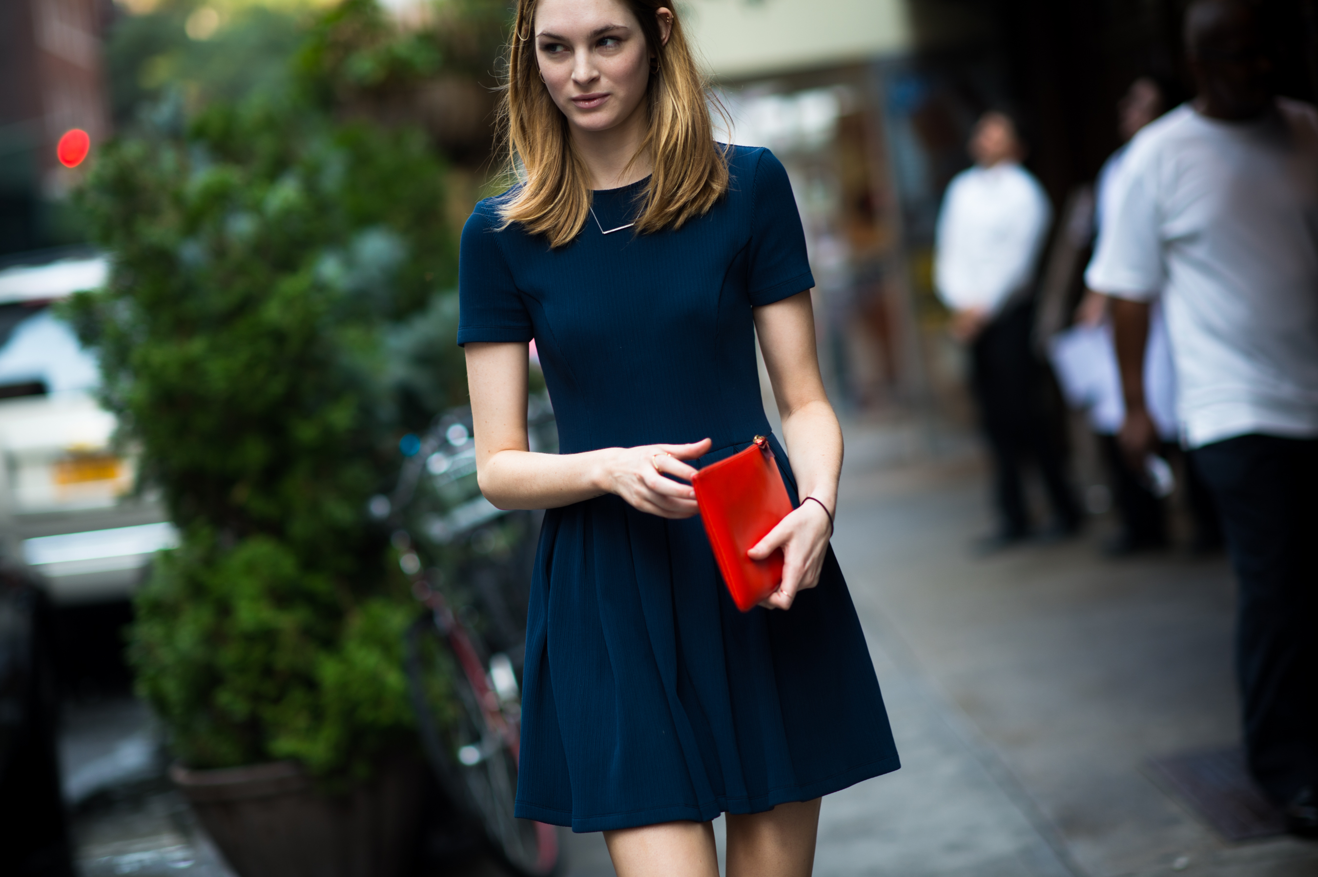 Model wearing blue dress