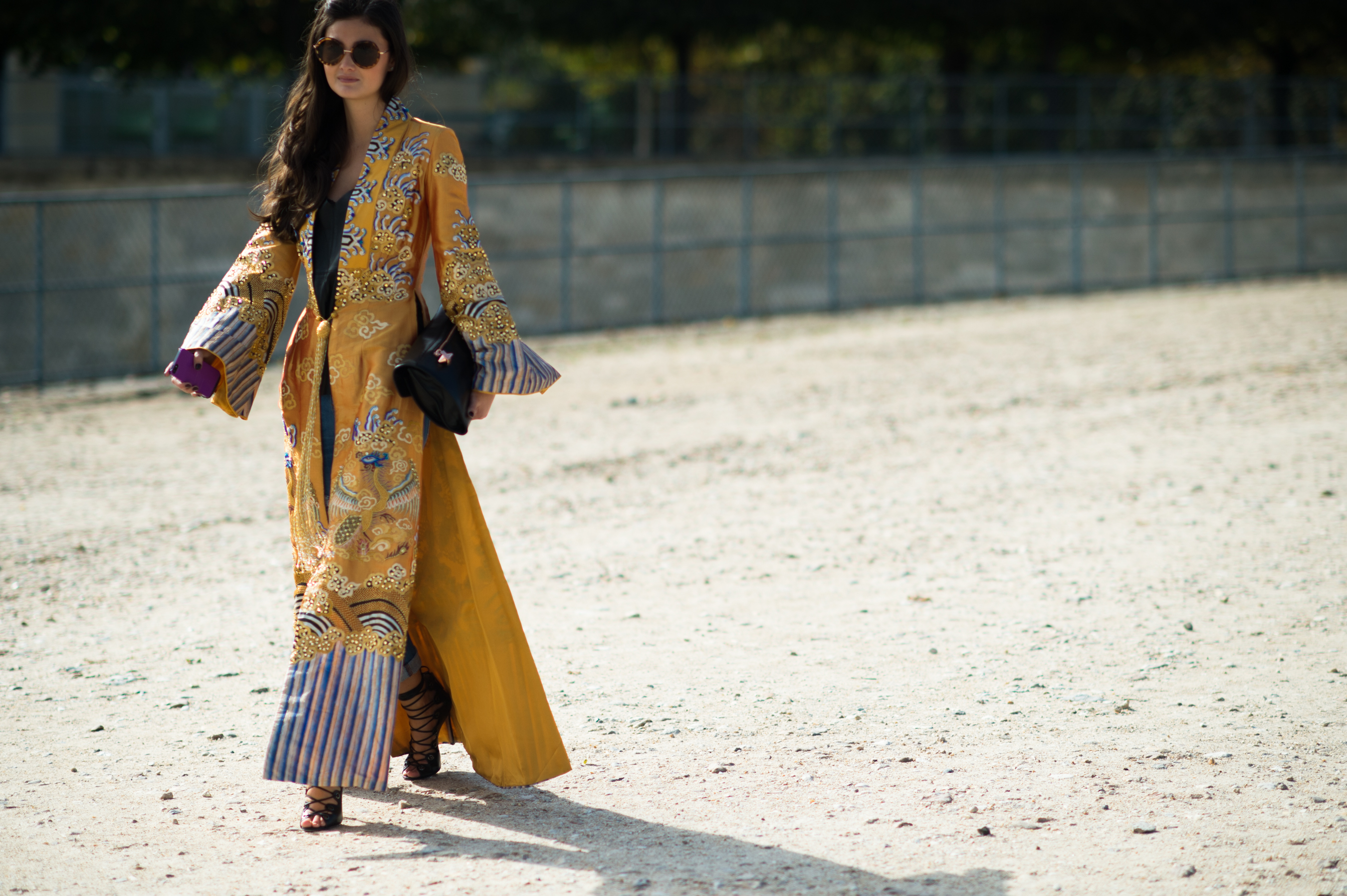 Woman wearing long kimono dress