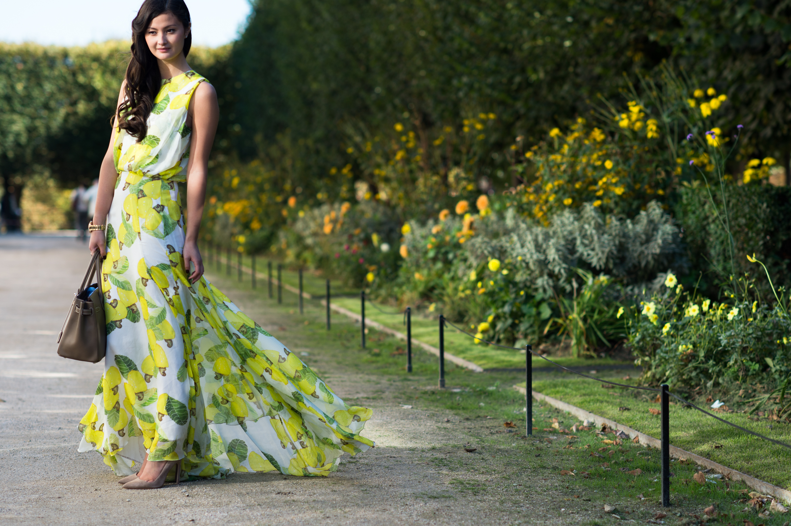 Woman wearing lemon print dress