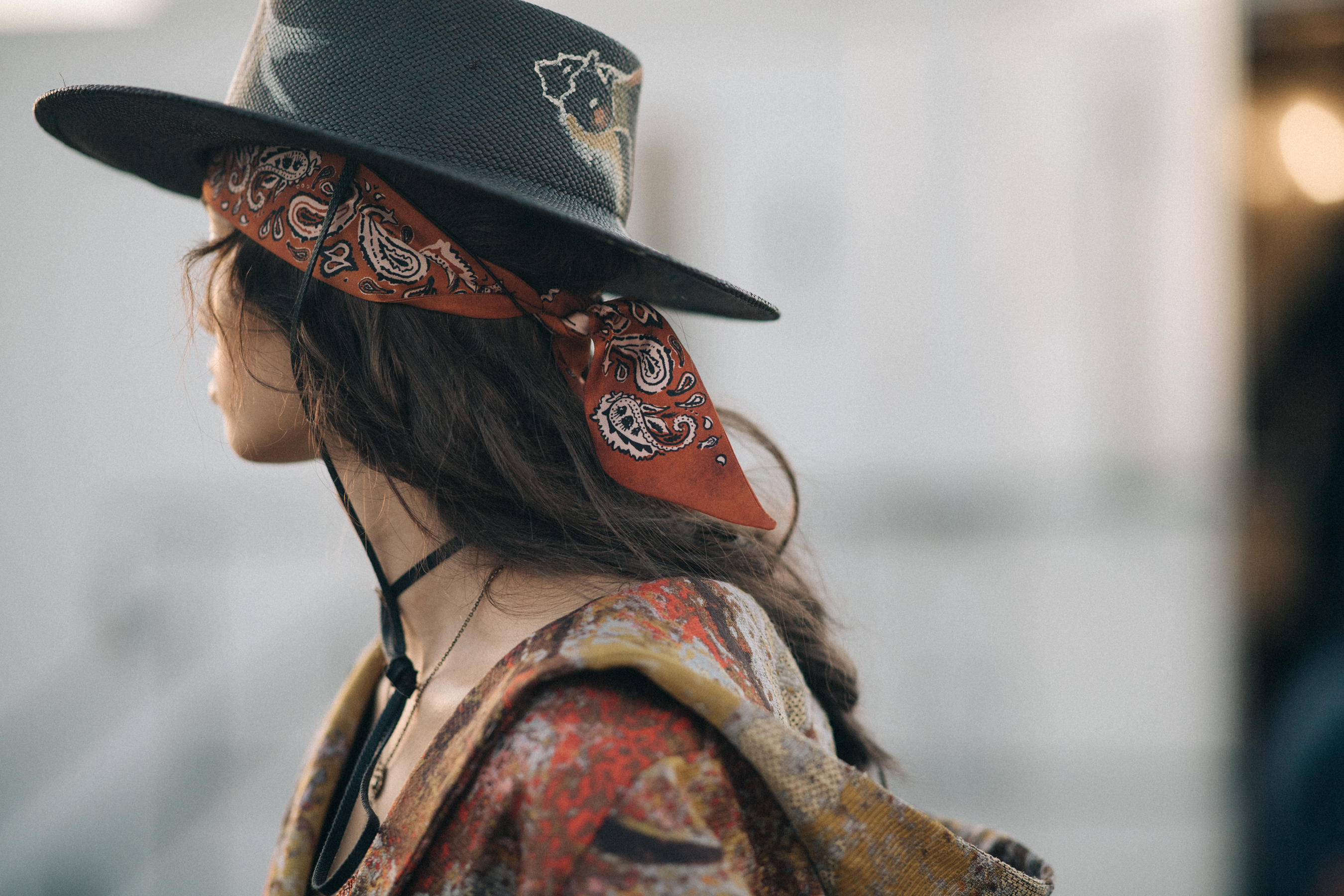Girl wearing a printed red bandana