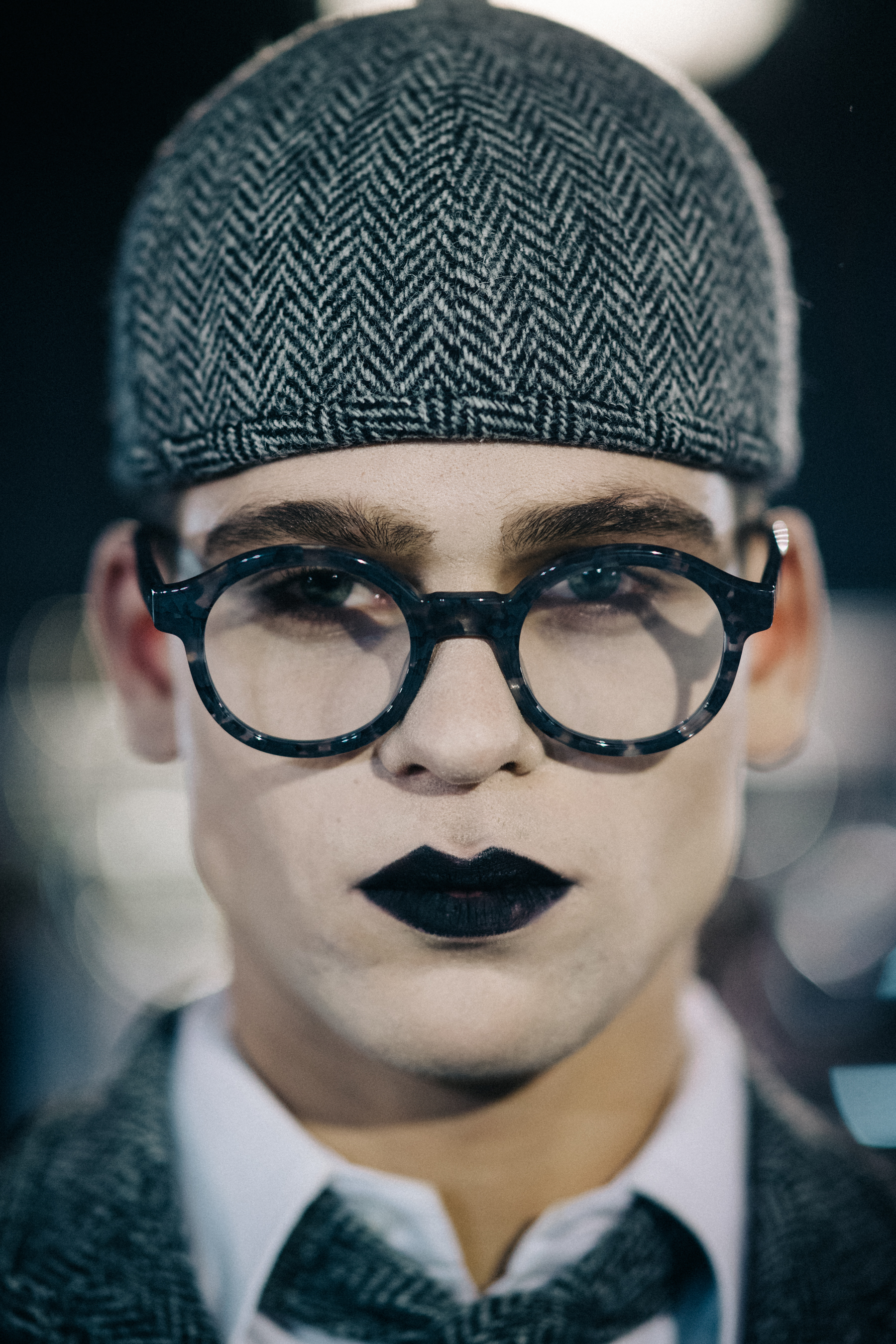Male model at Thom Browne backstage