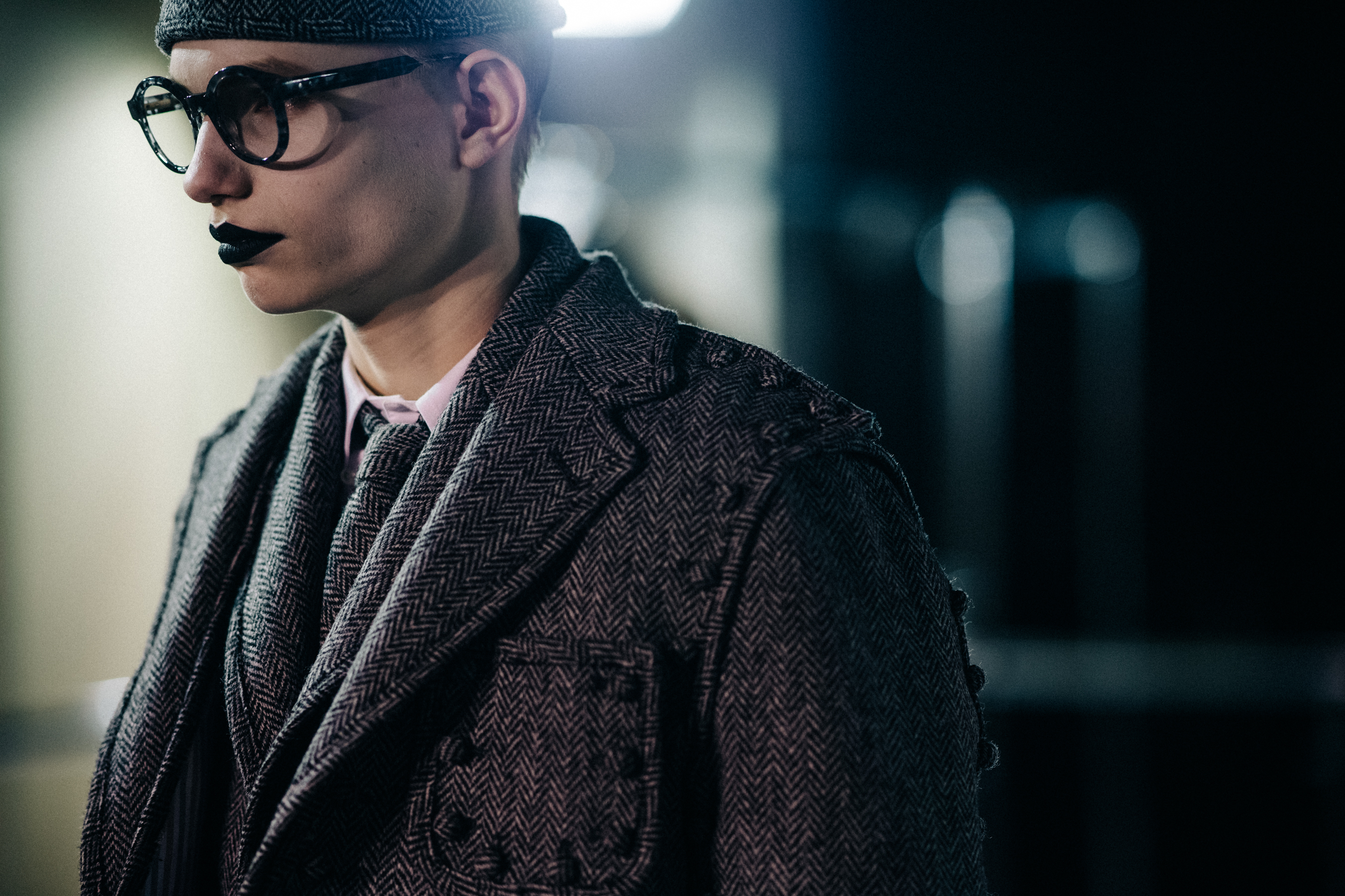 Male model at Thom Browne backstage