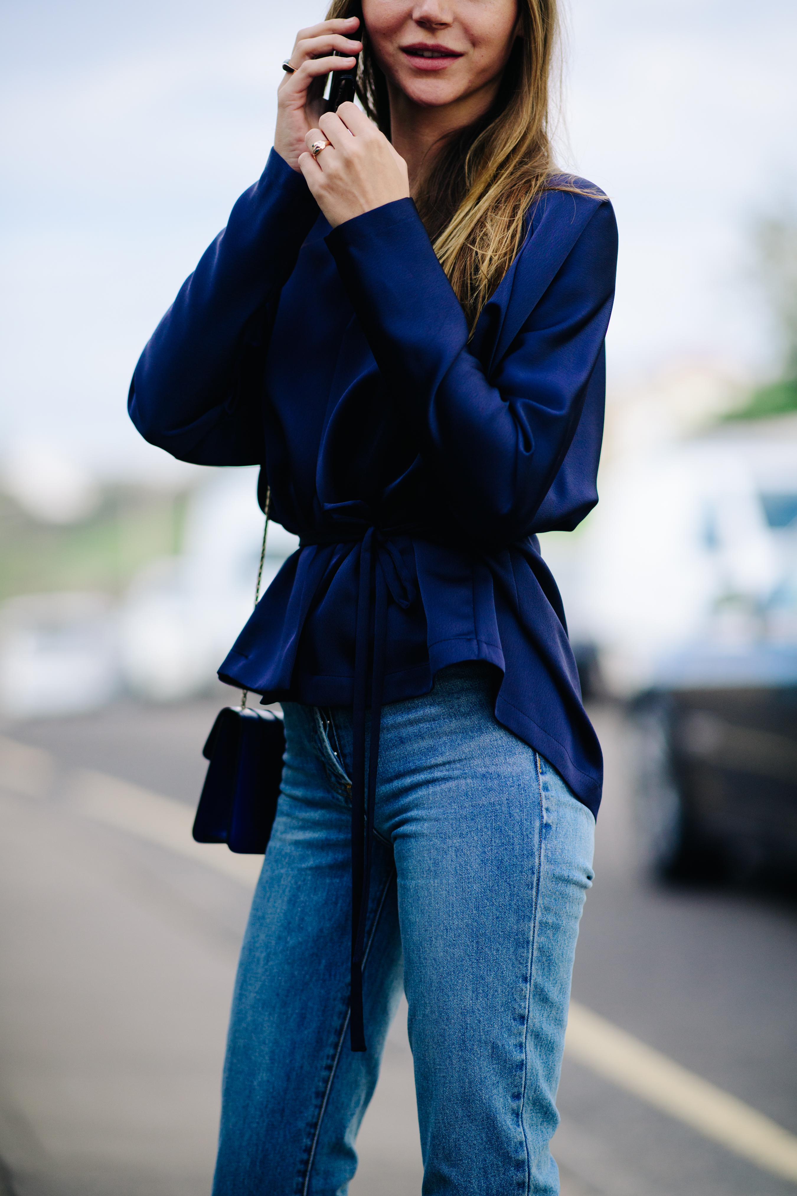 Woman wearing denim blue jeans