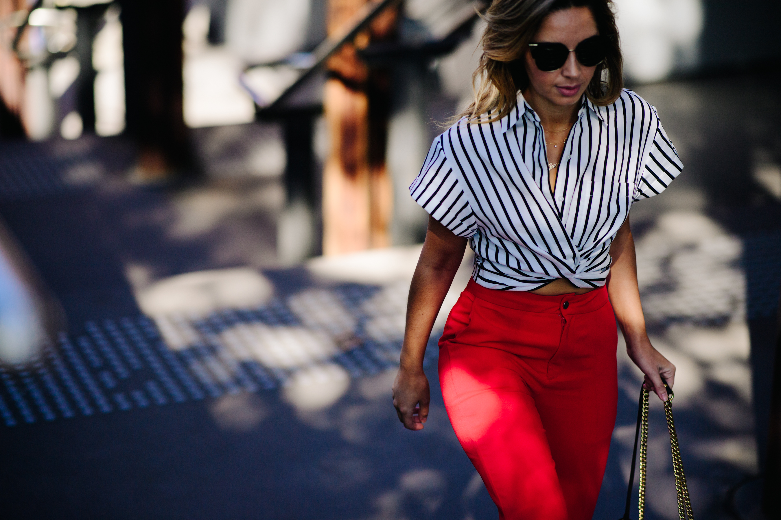 Woman wearing a striped shirt