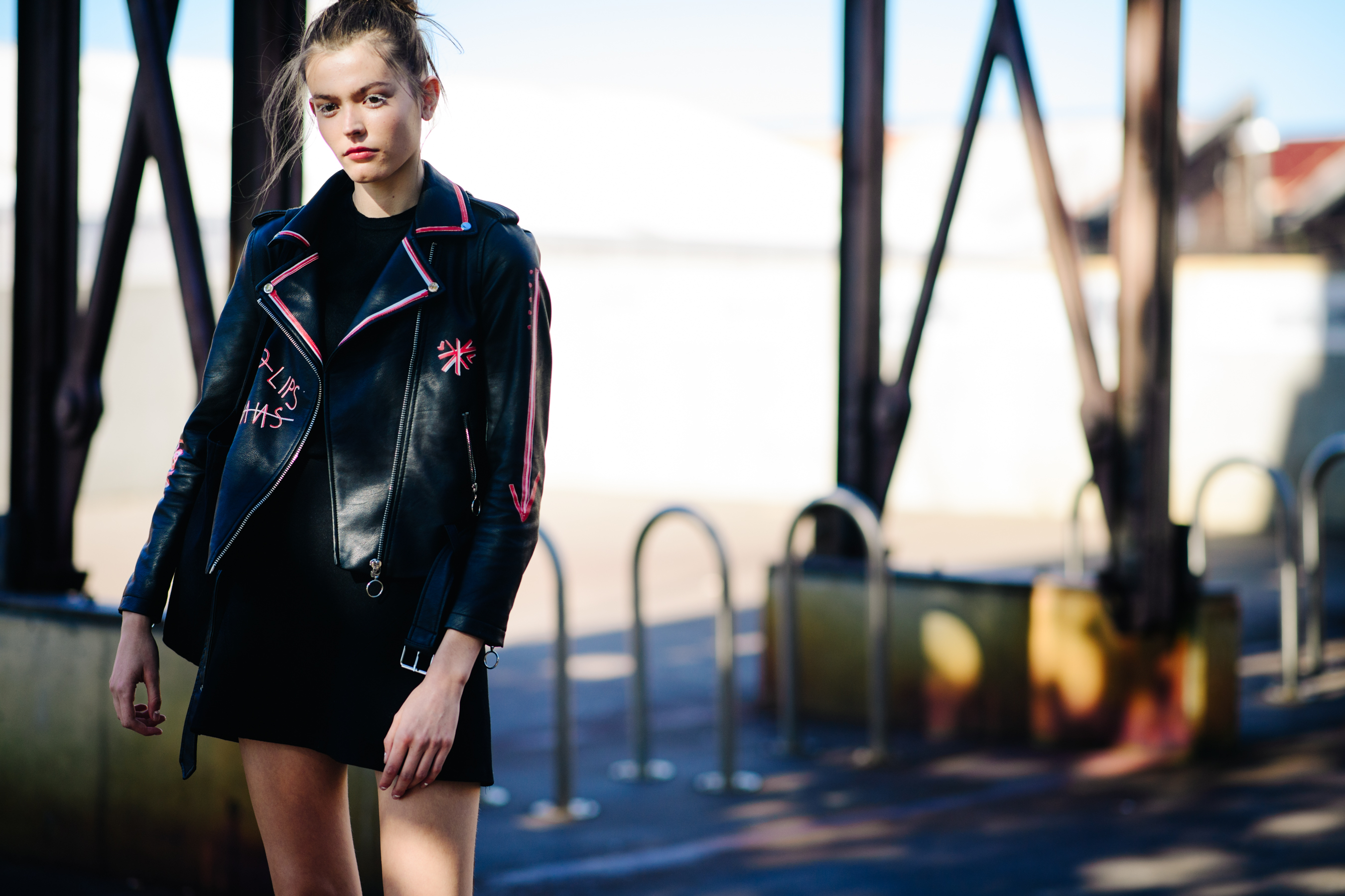 Model wearing a custom leather jacket