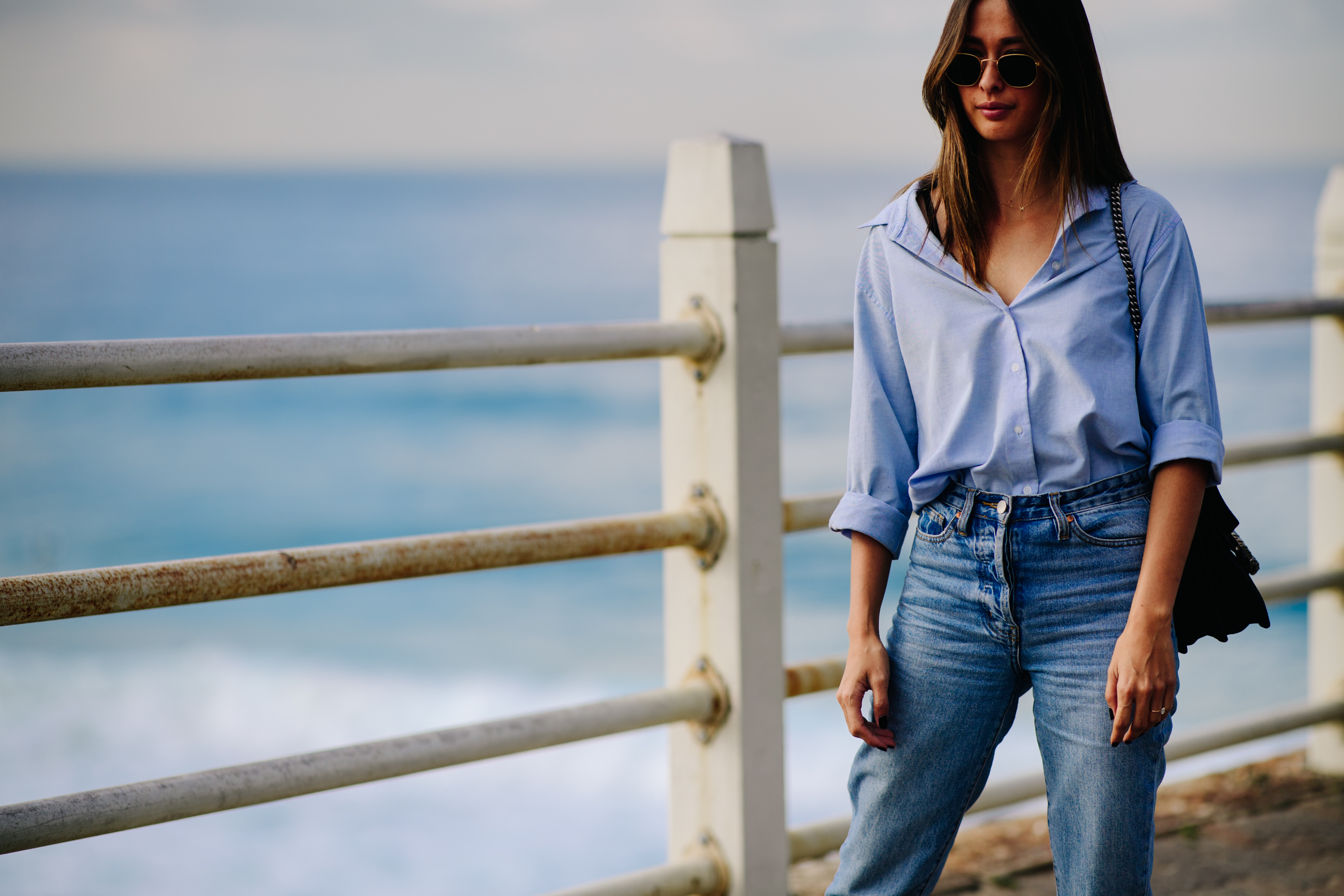 Woman wearing a light blue shirt