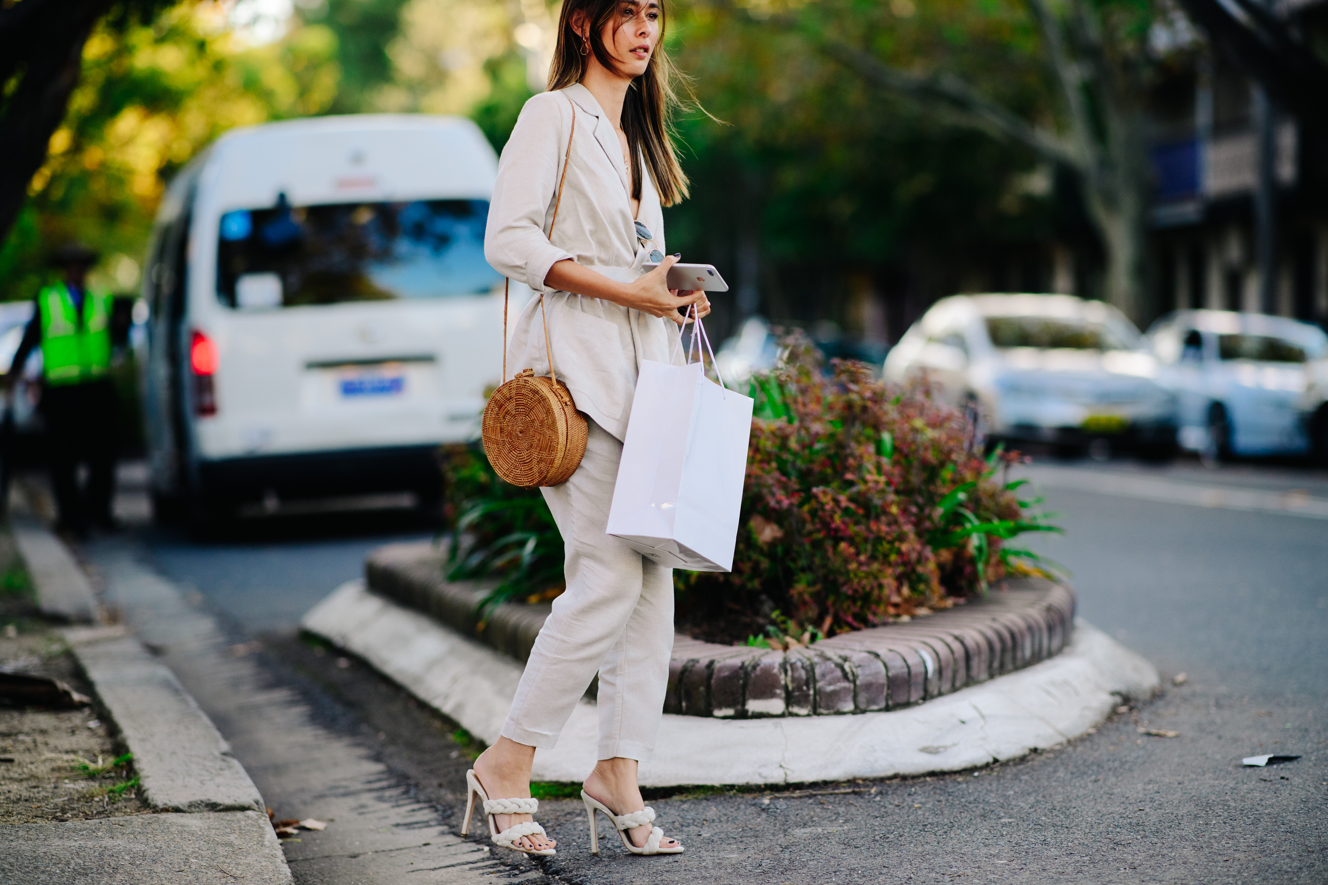 Woman wearing a beige suit