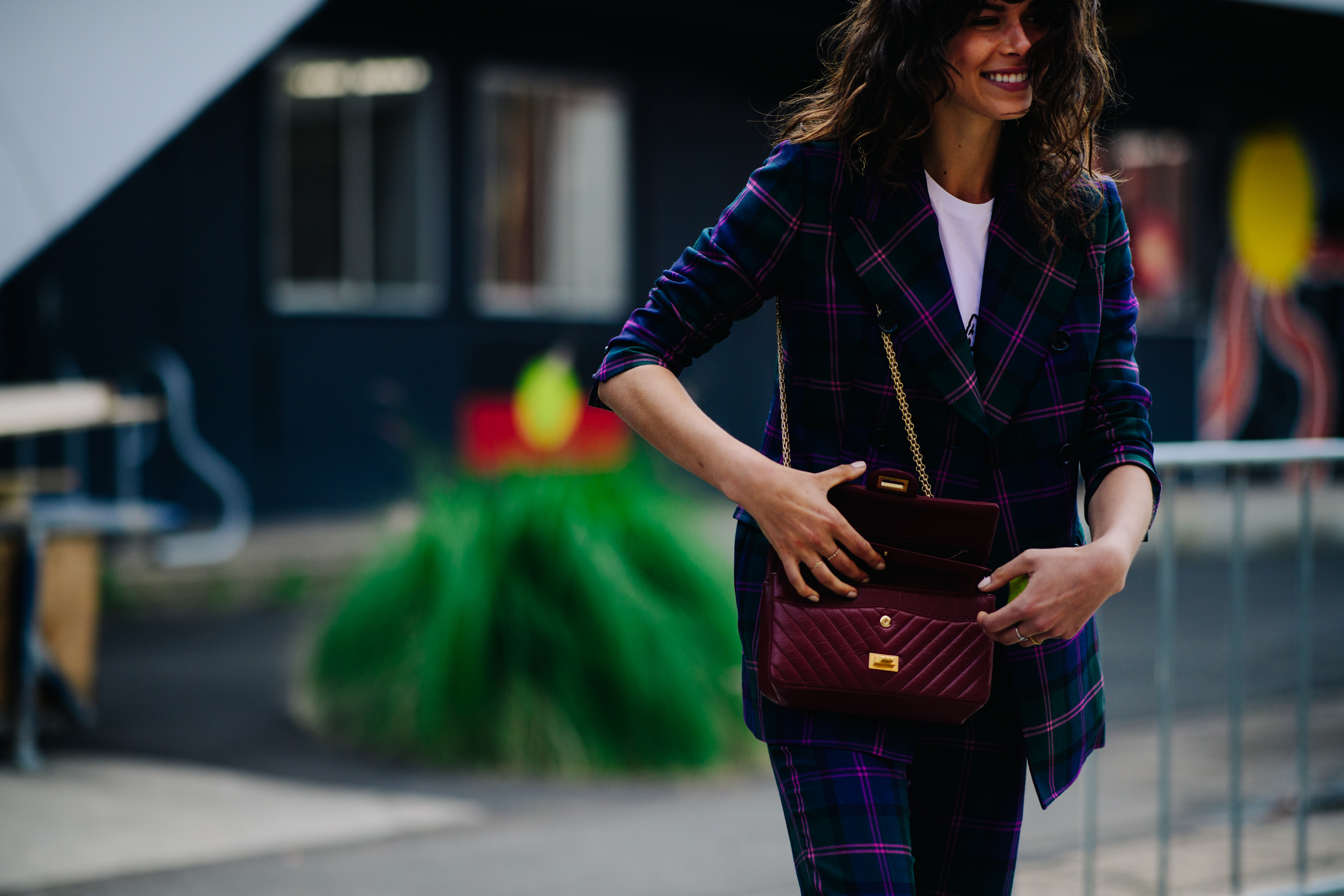Woman wearing a tweed suit