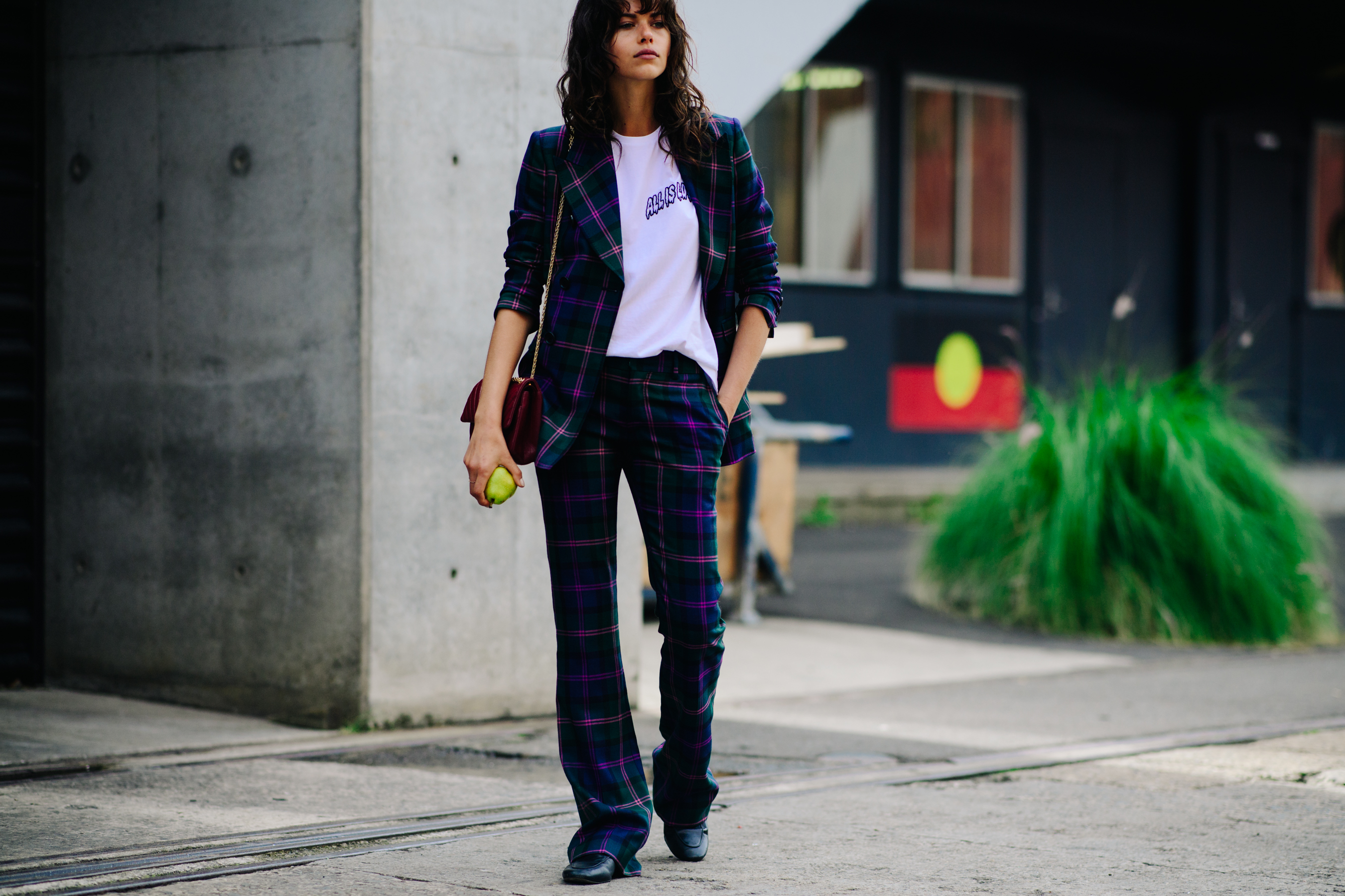 Woman wearing a tweed suit
