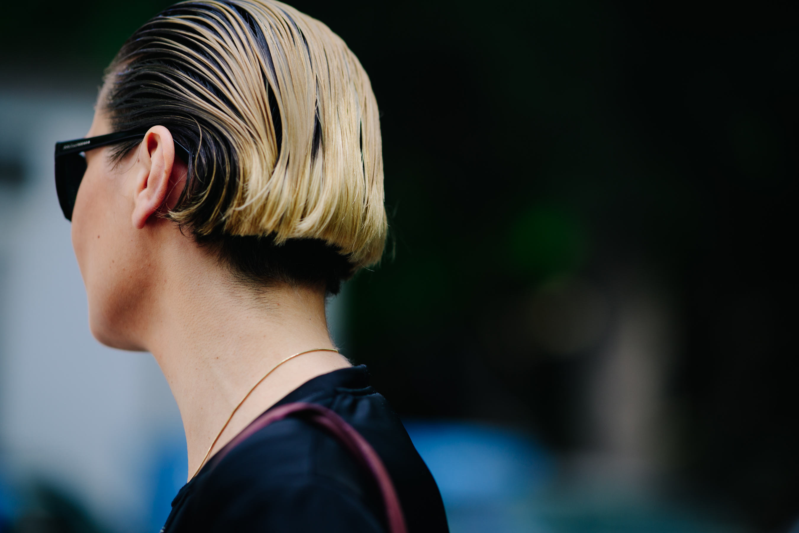 Woman with short blond painted hair