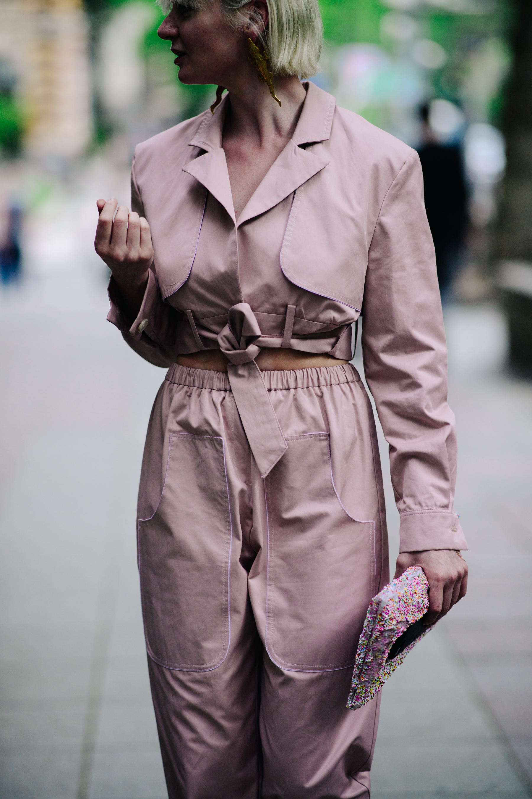 Russian stylist wearing pale pink suit