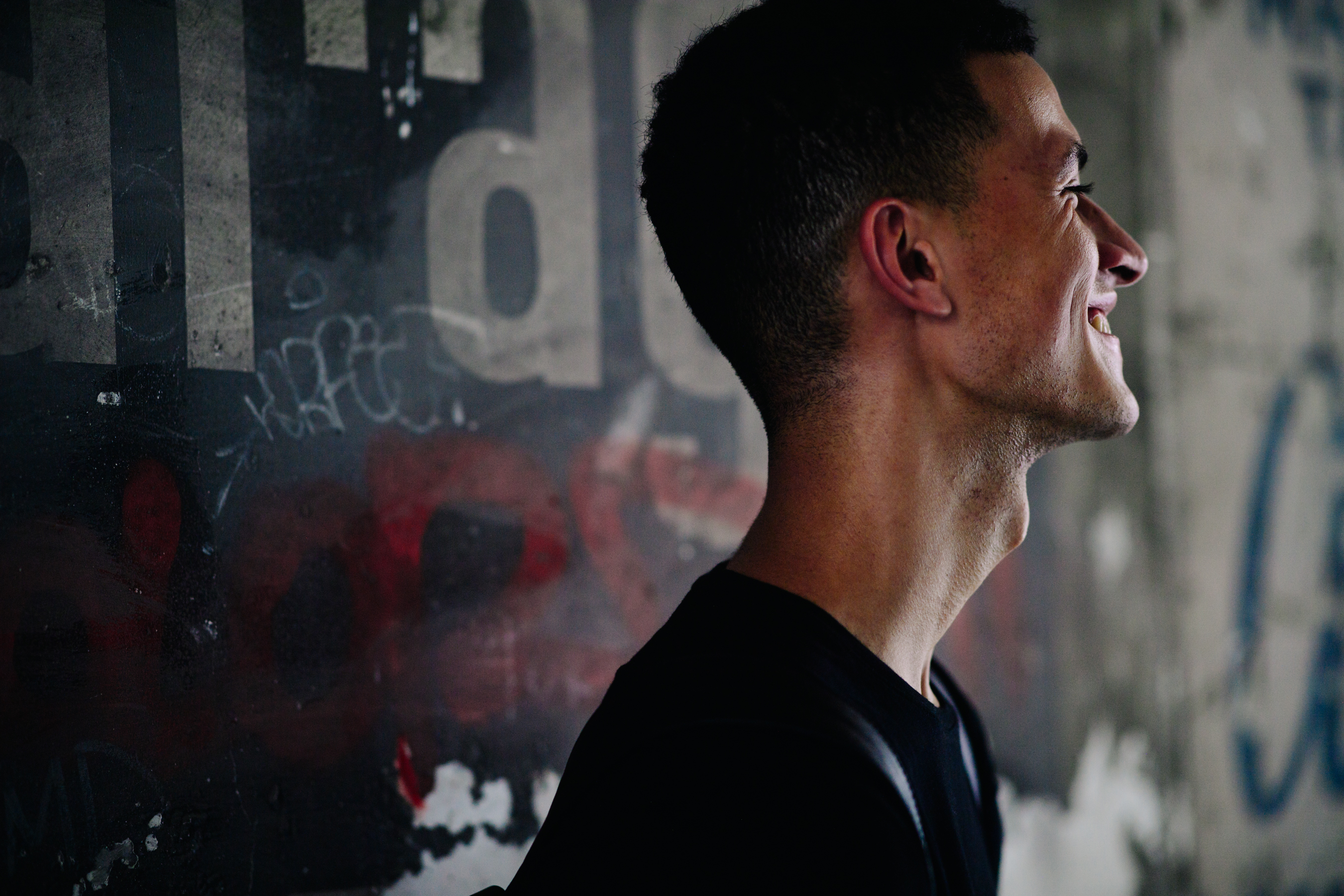 Young man wearing a black t-shirt