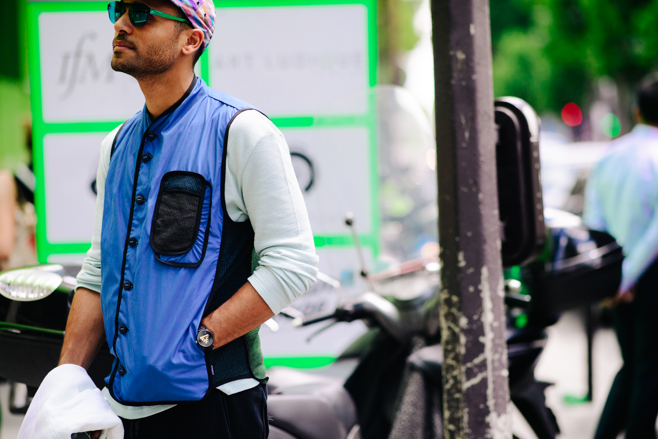 Man wearing a blue gilet