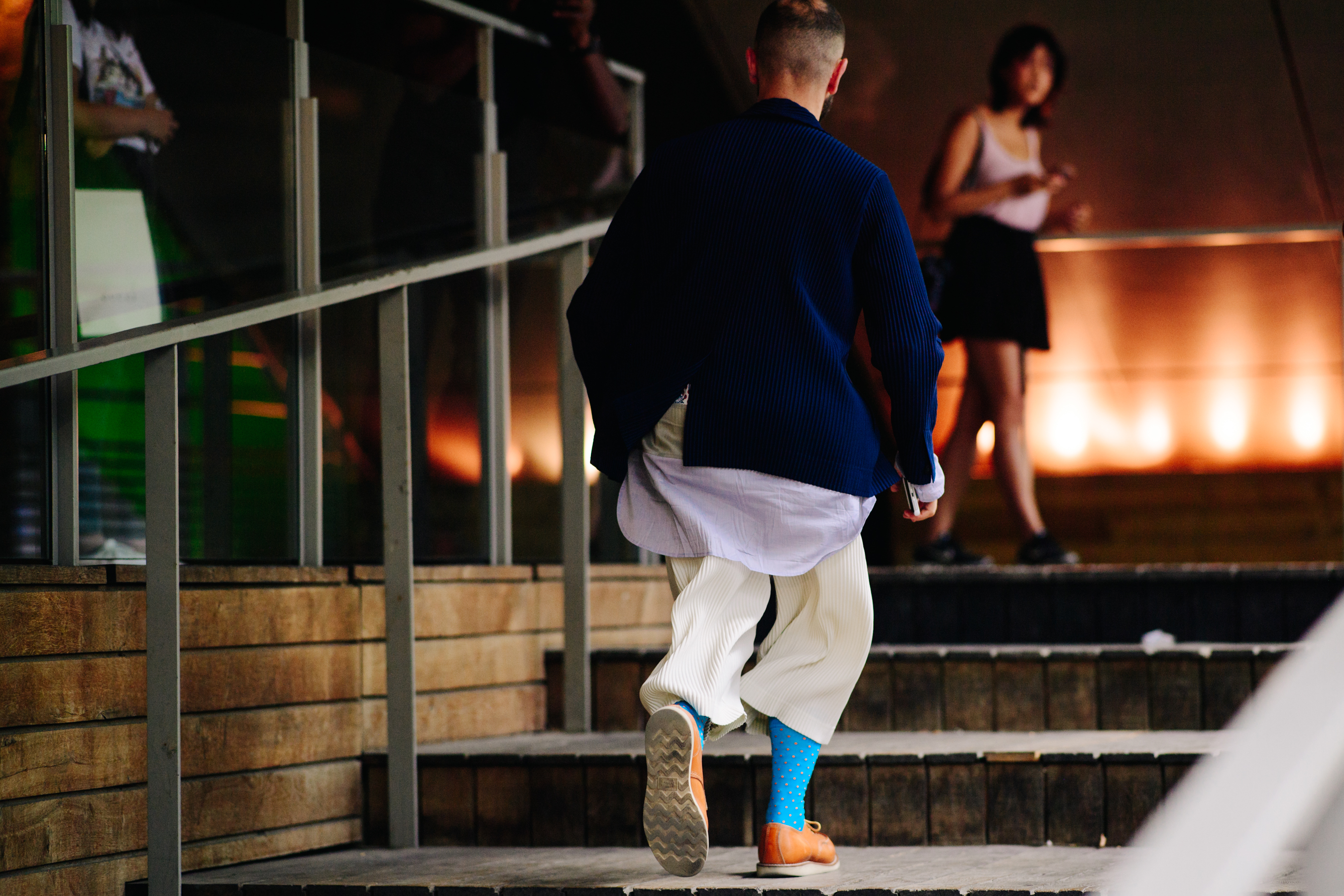 Man wearing print blue socks
