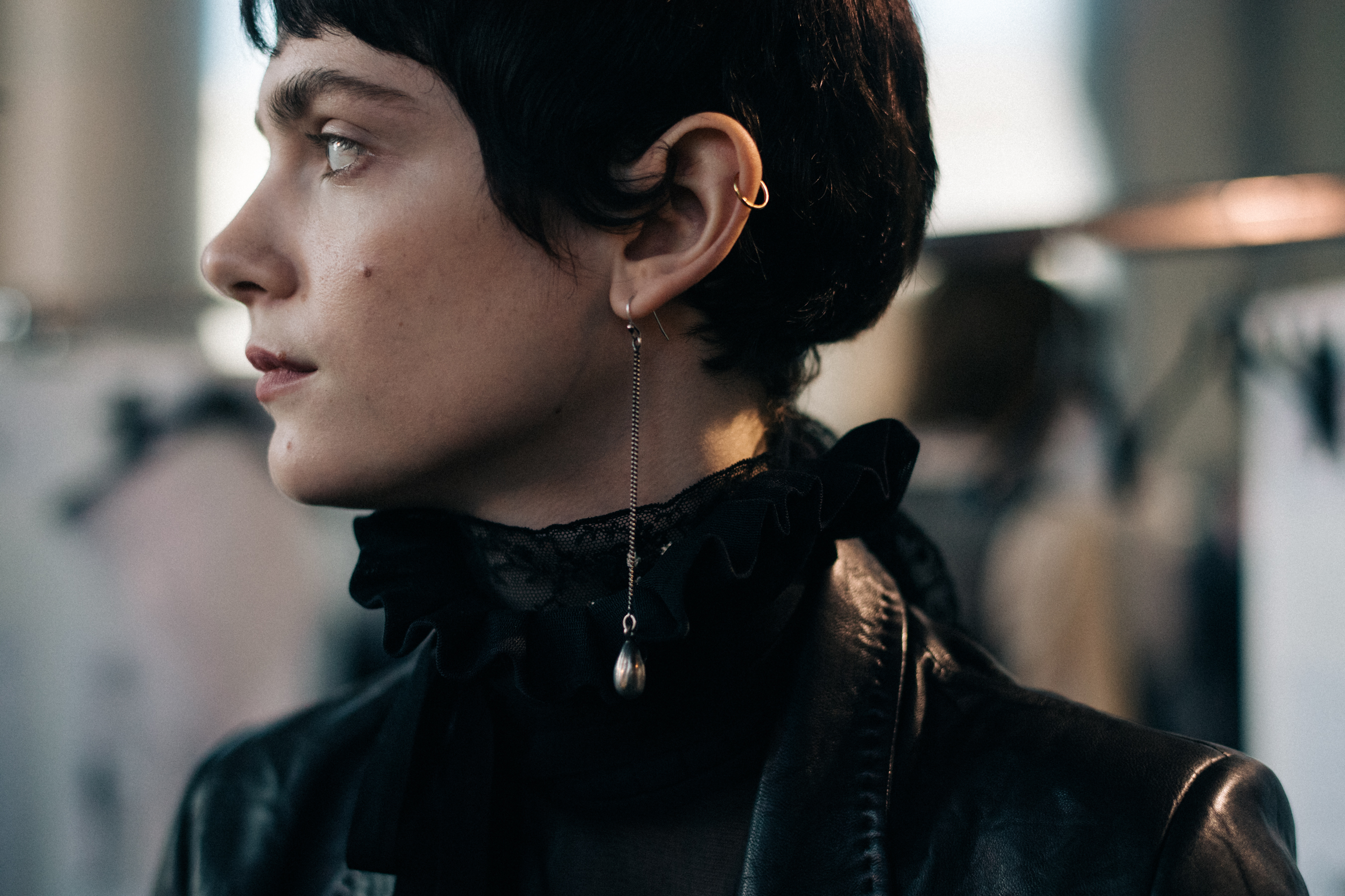 Model with short black hair