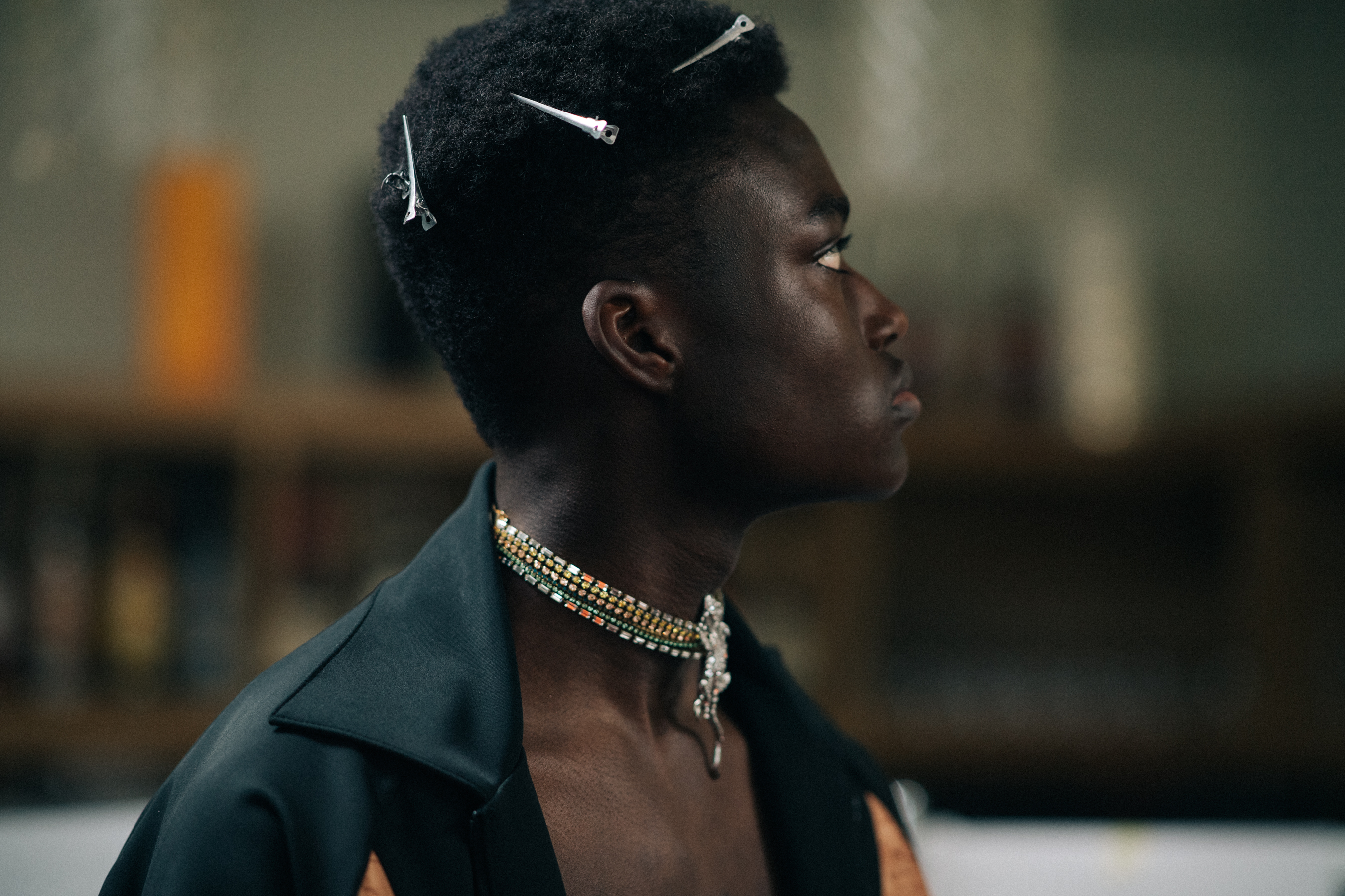 Male model wearing a lizard choker