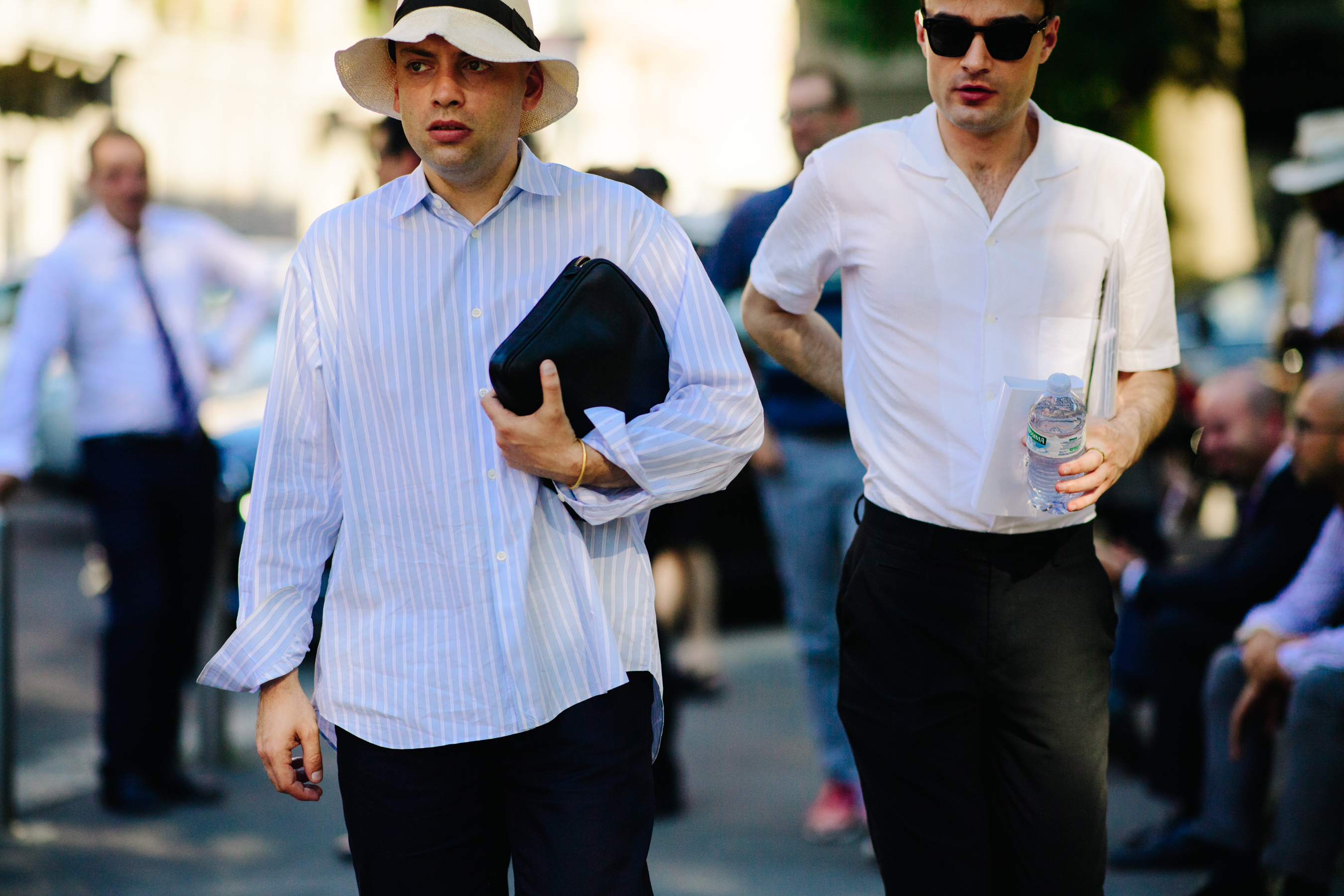 Man wearing blue striped shirt