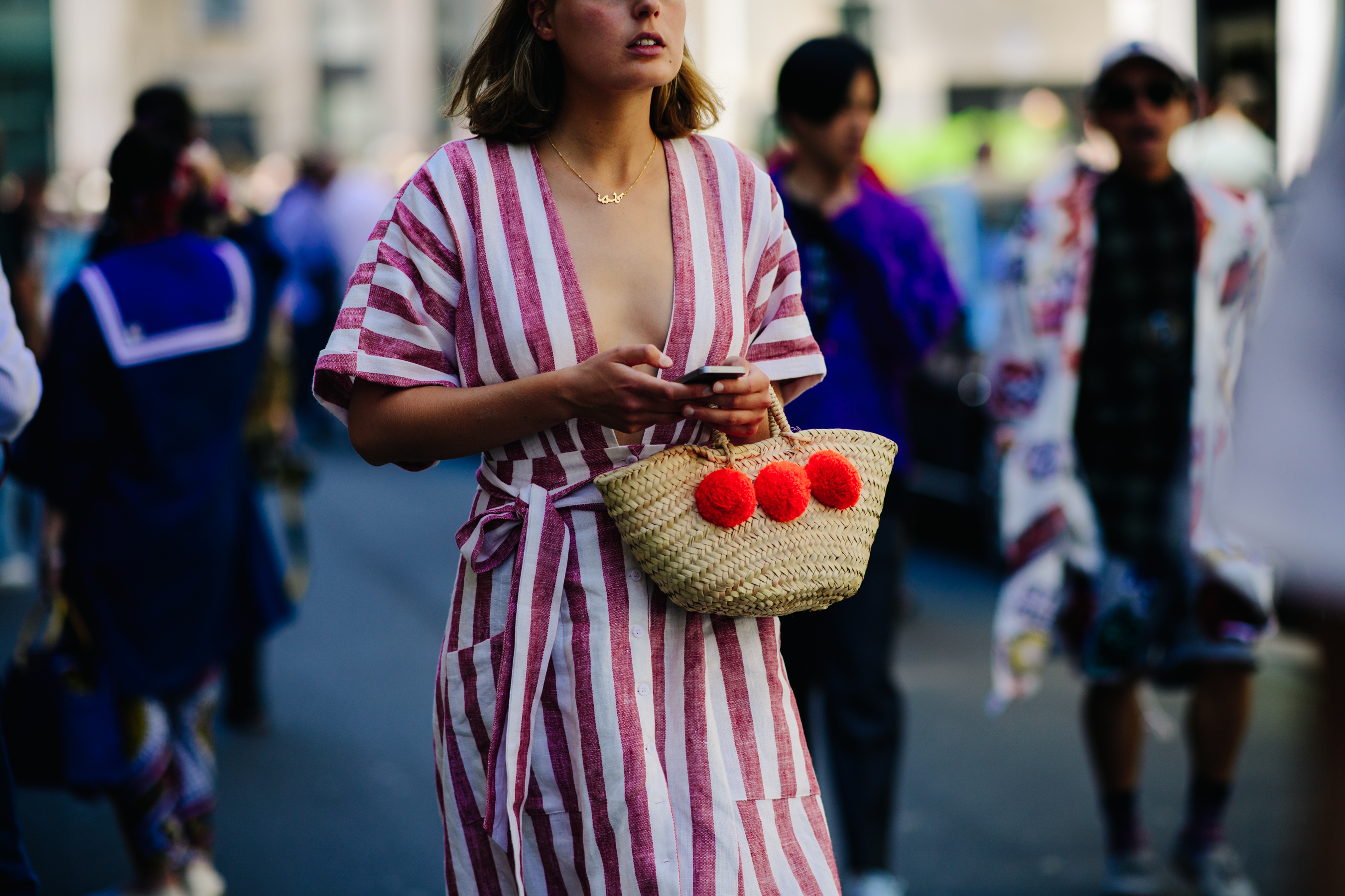 Woman wearing a striped robe