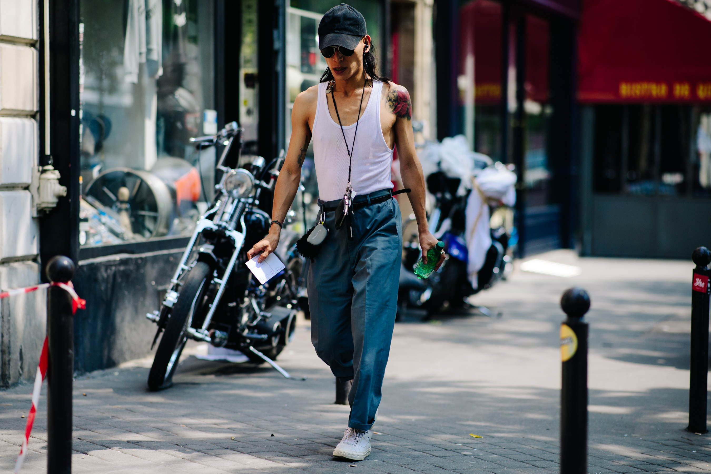 Man wearing large blue trousers
