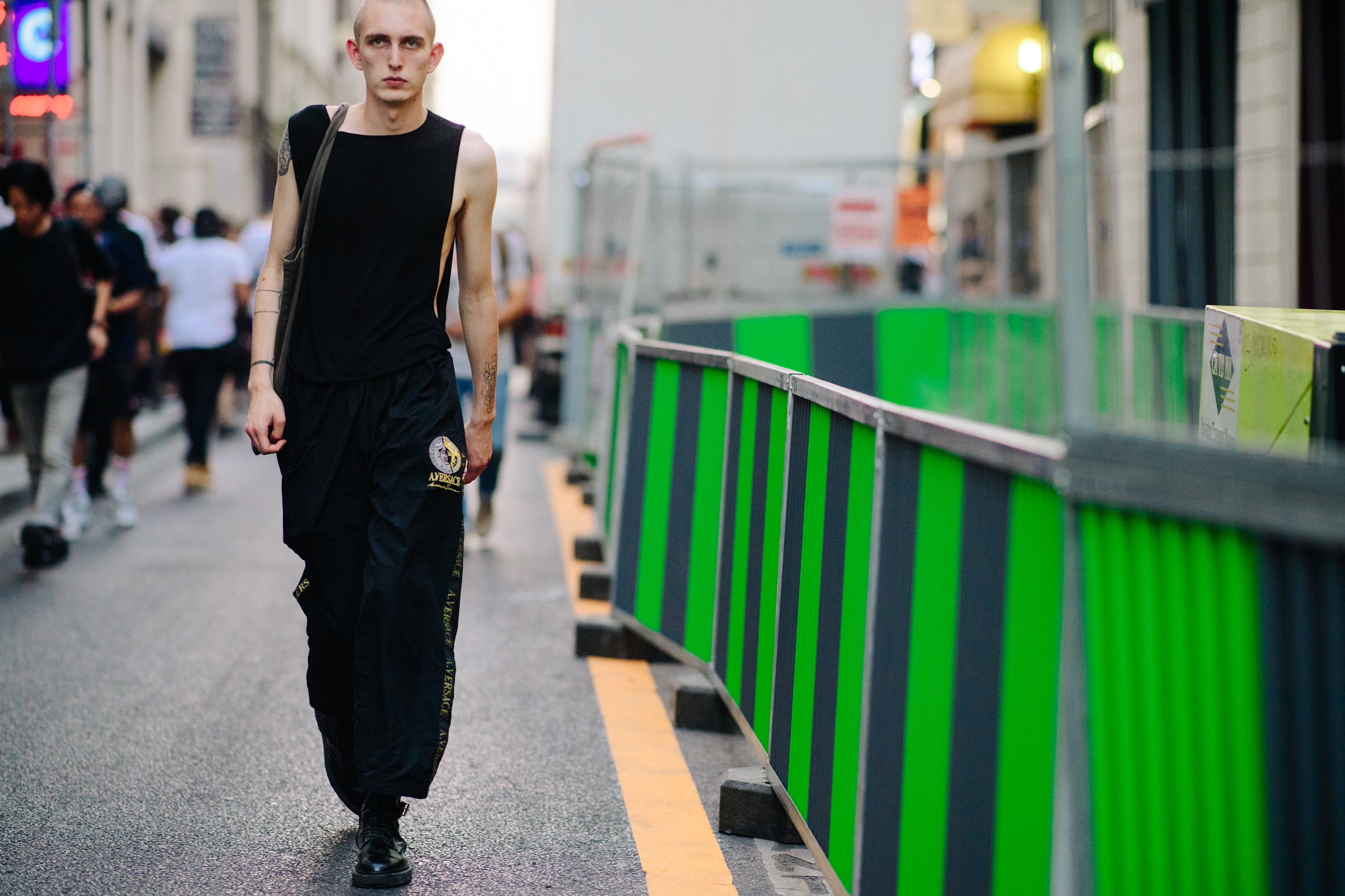 Danish model wearing Versace trousers
