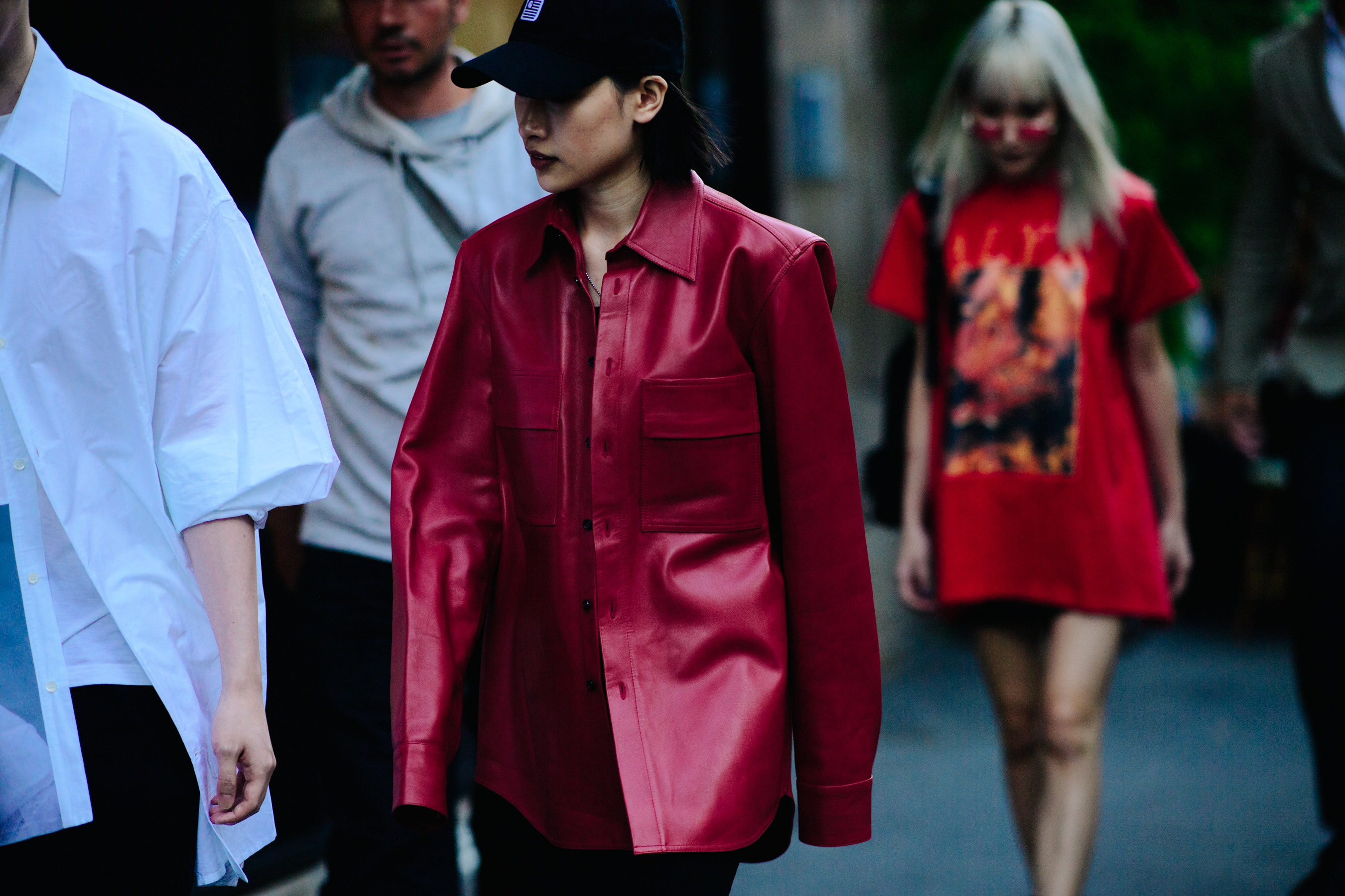 Blogger wearing a red jacket