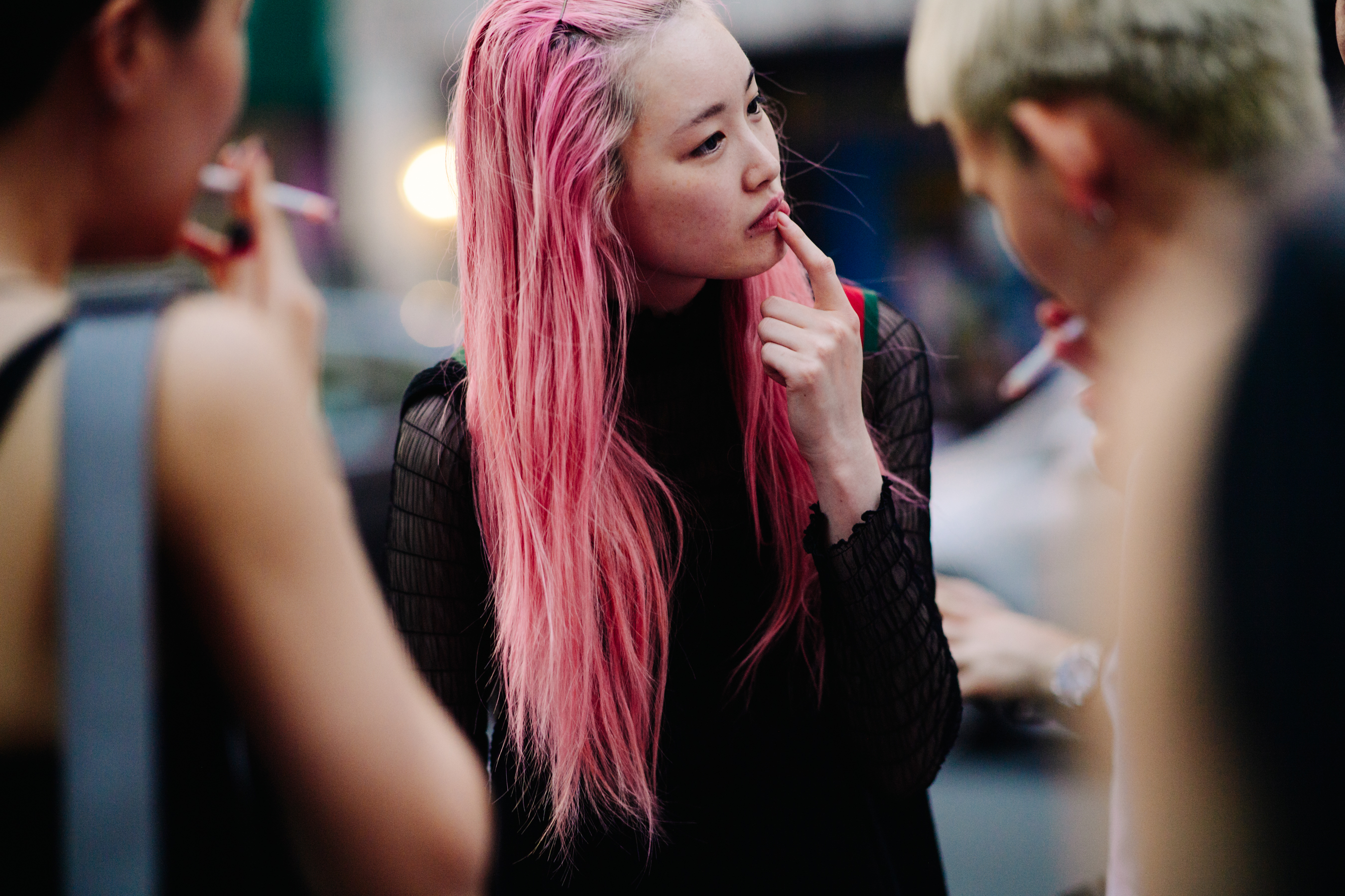 Asian girl with long pink hair