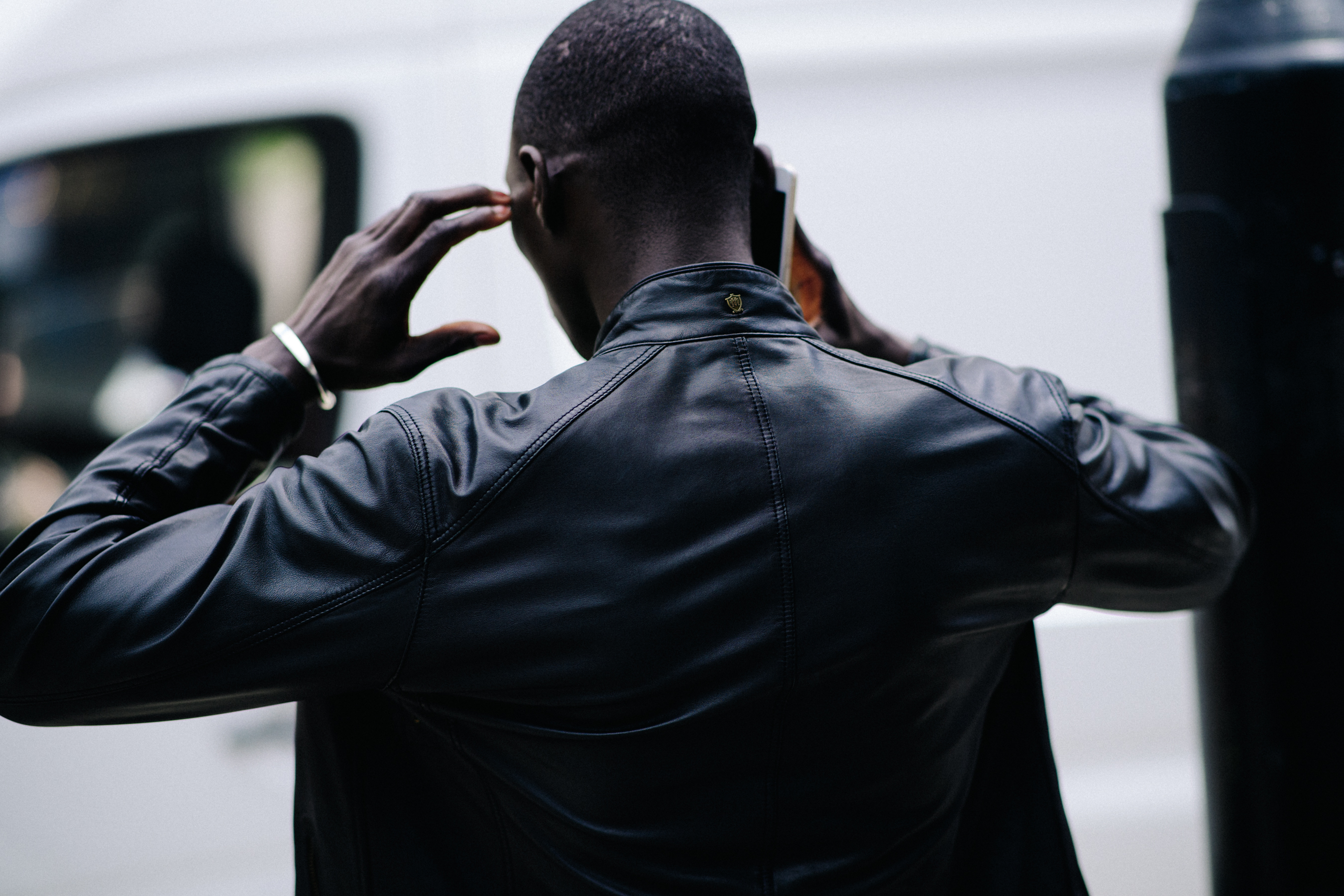 Male model wearing leather jacket