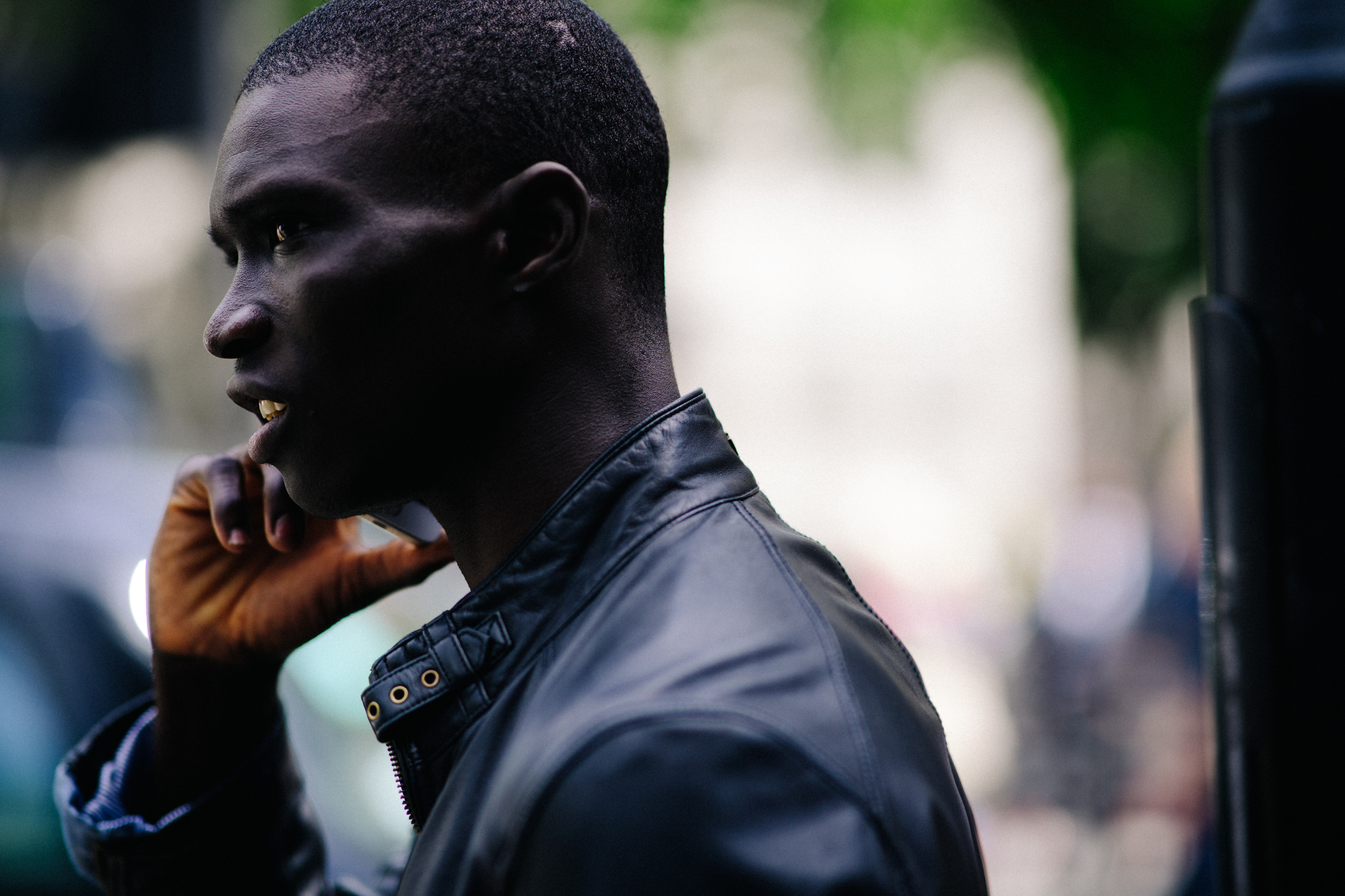 Male model wearing leather jacket