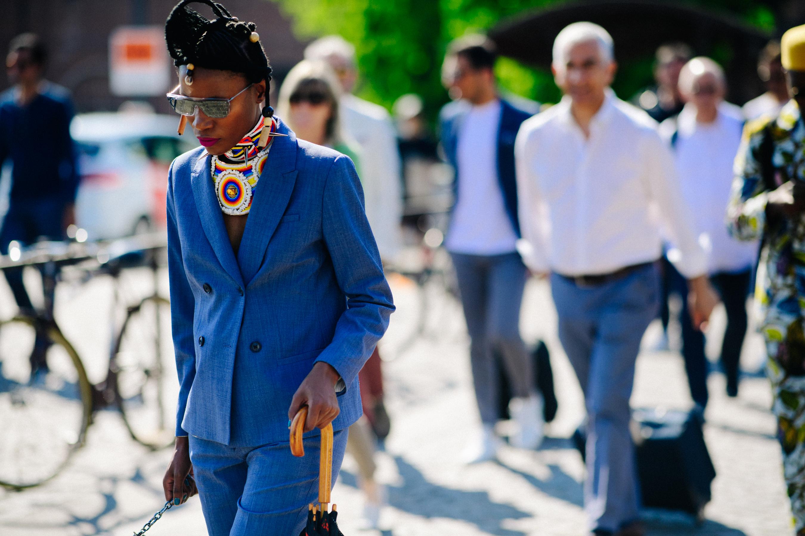 Woman wearing blue suit
