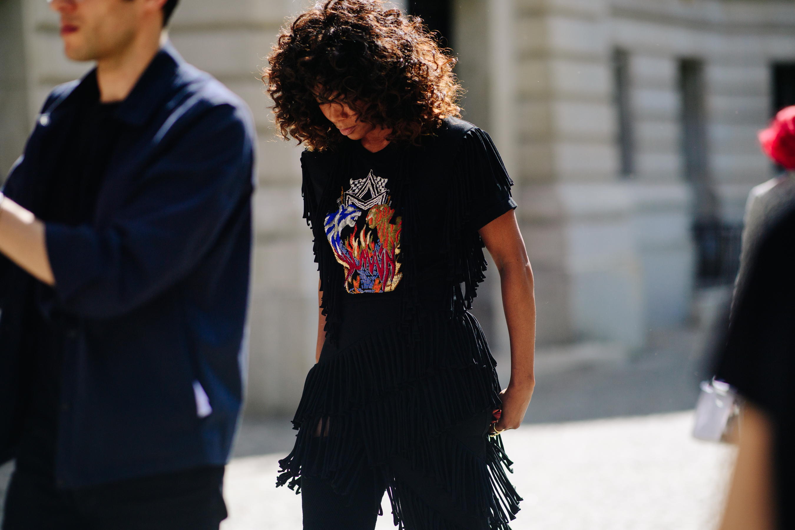 Woman wearing an embroidered t-shirt