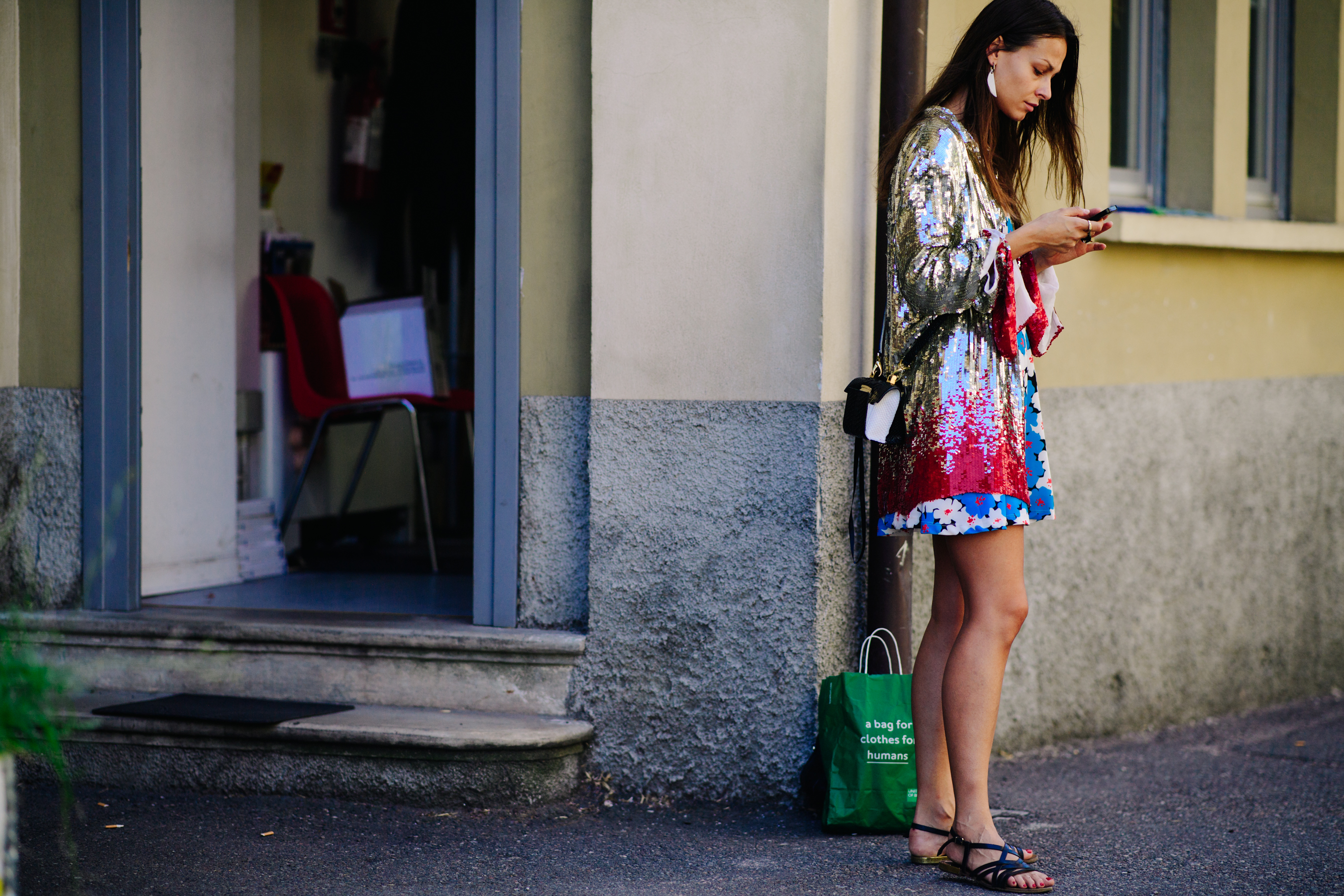 Woman wearing sequenced kimono dress