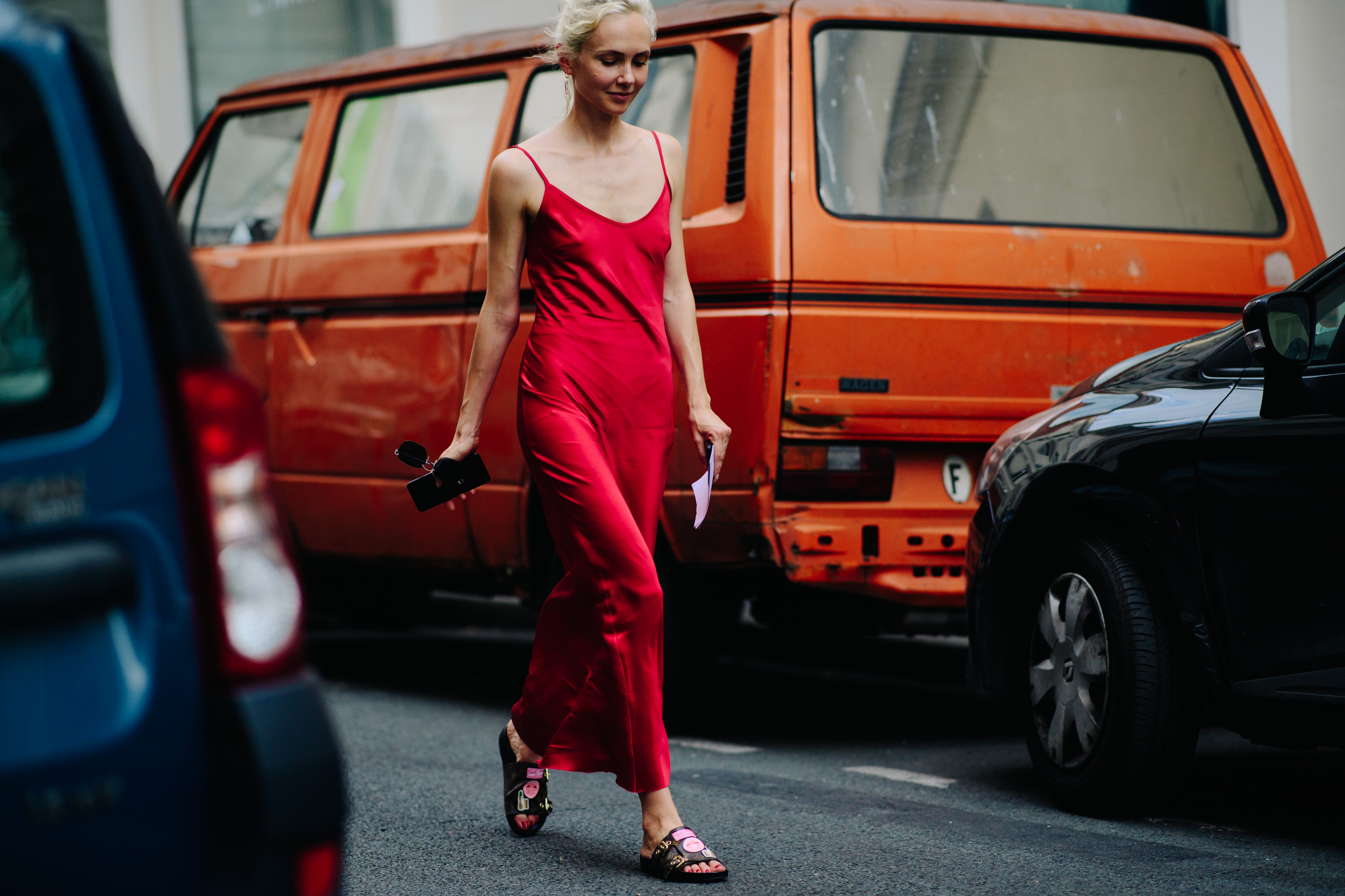 Russian buyer wearing red dress