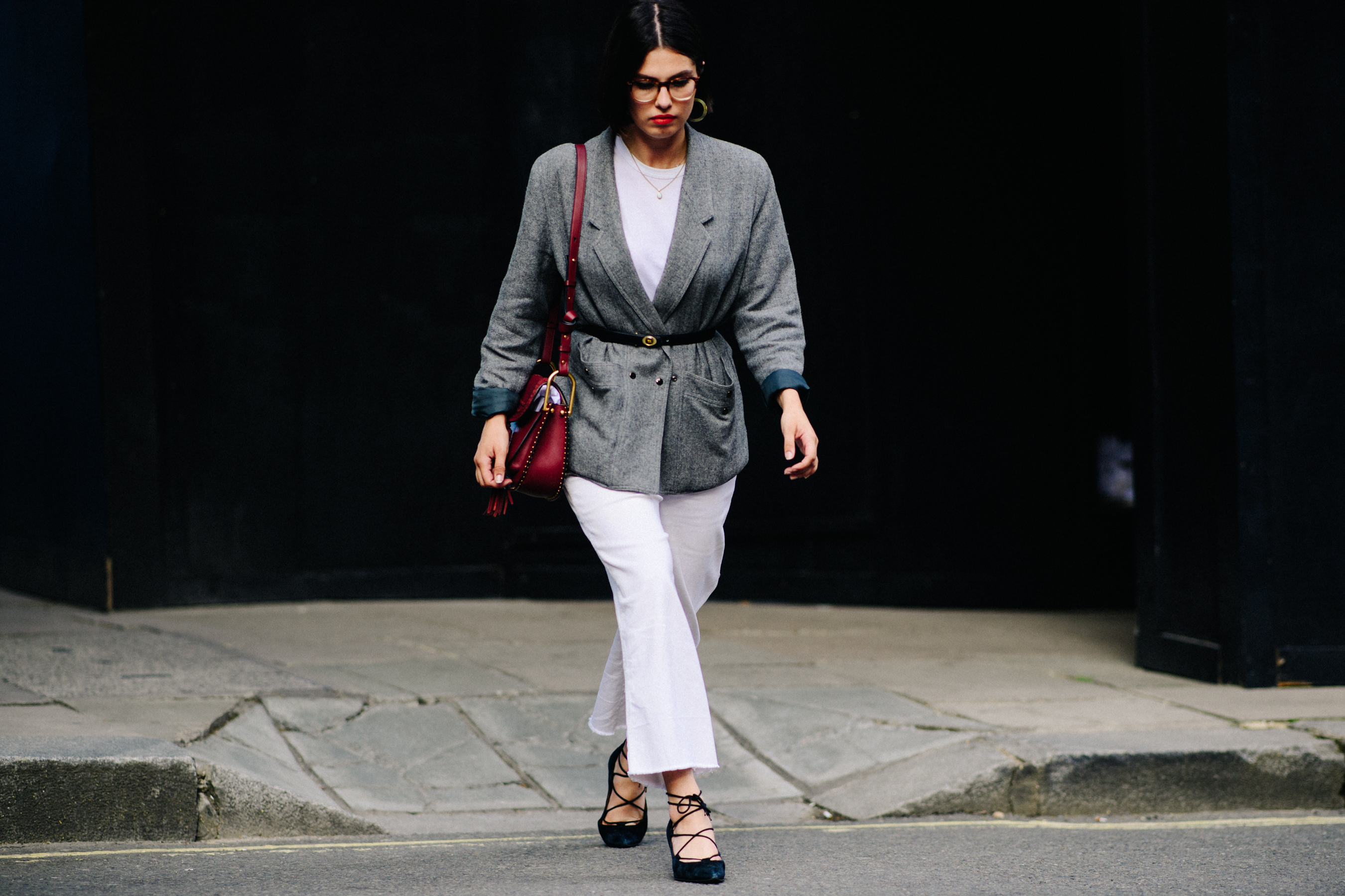 Woman wearing gray blazer