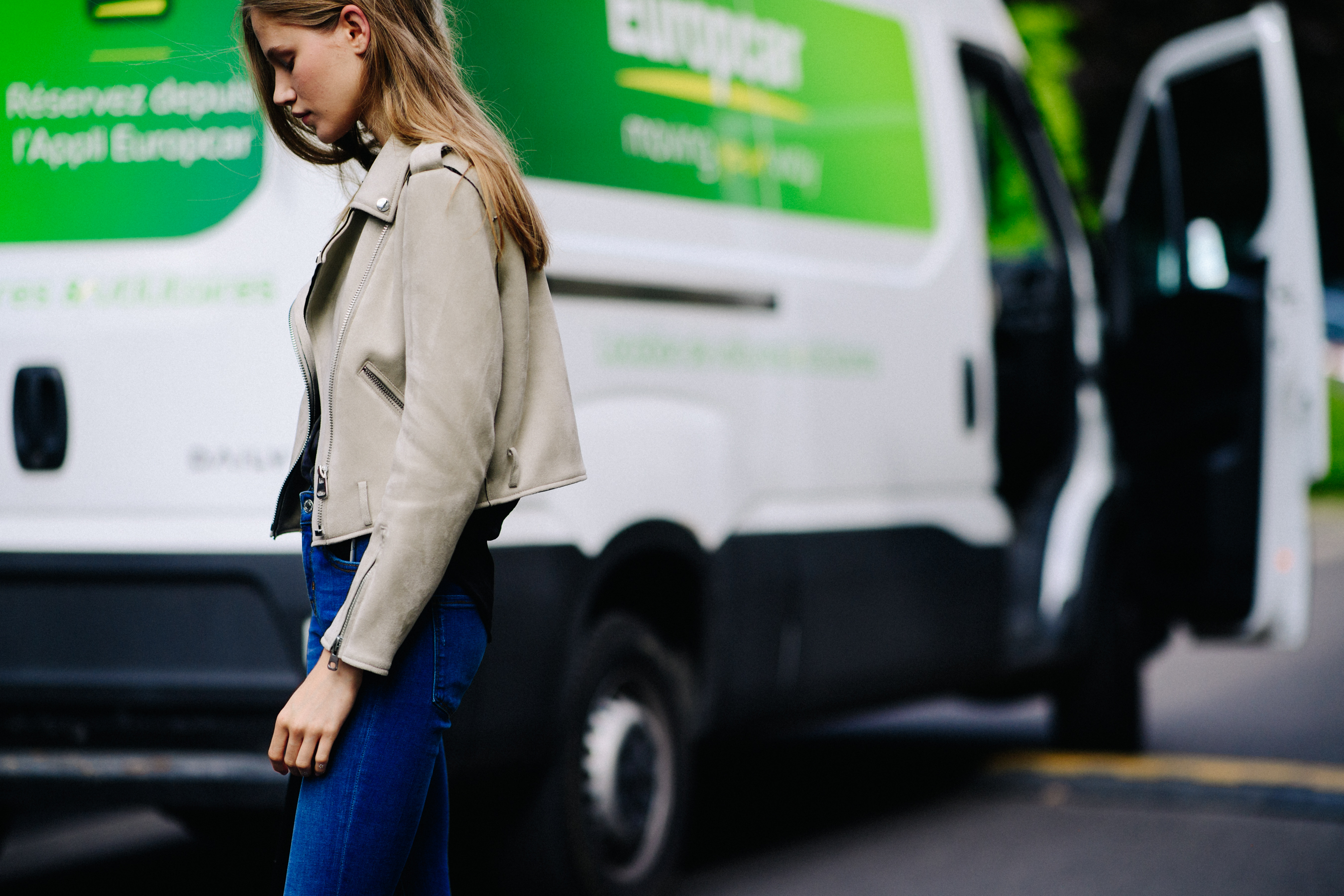 Model wearing suede jacket