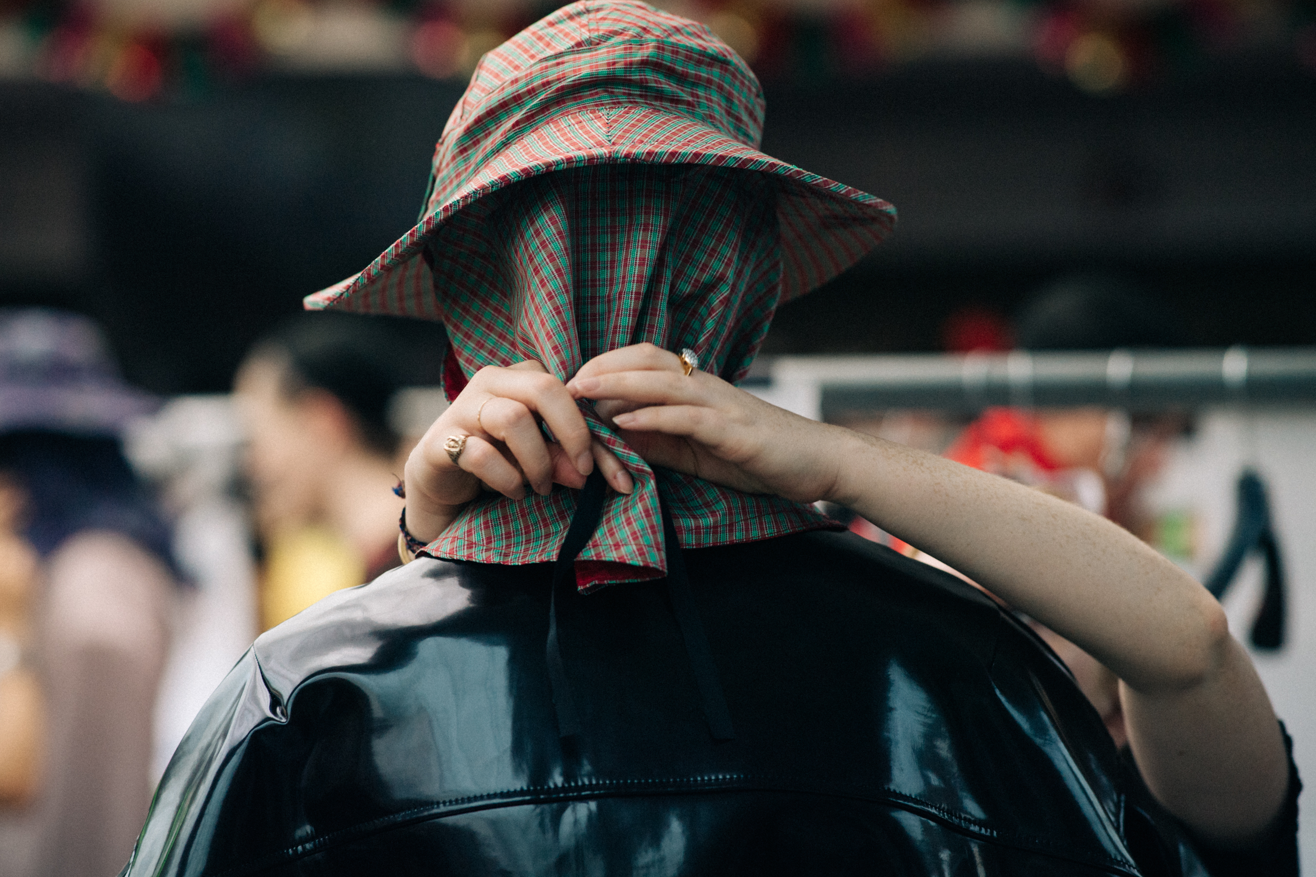 Male model wearing rain hat