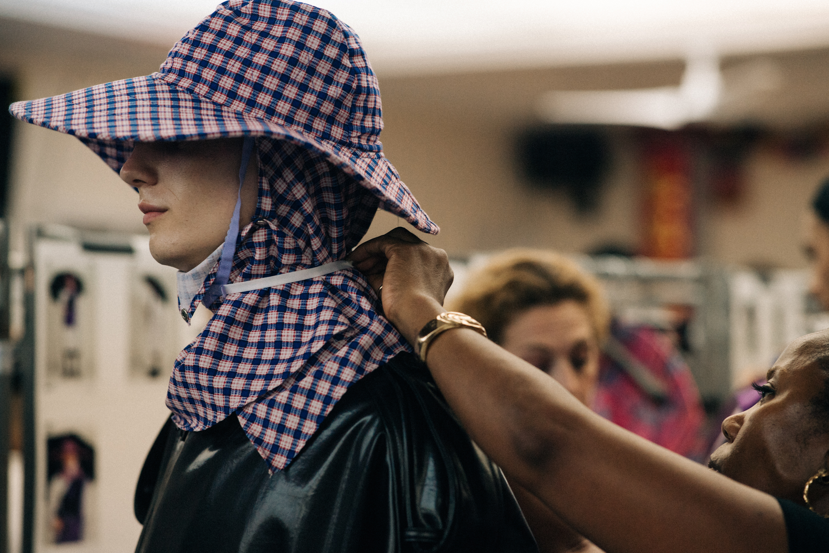 Male model wearing rain hat