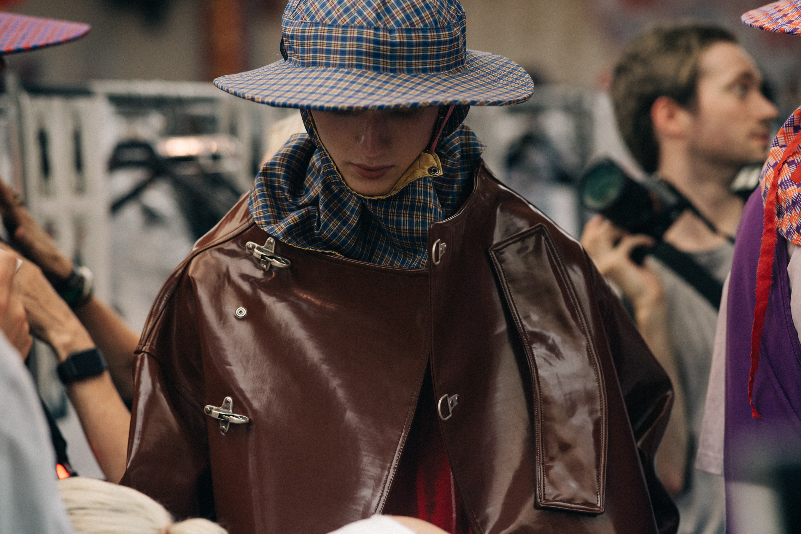 Male model wearing rain hat