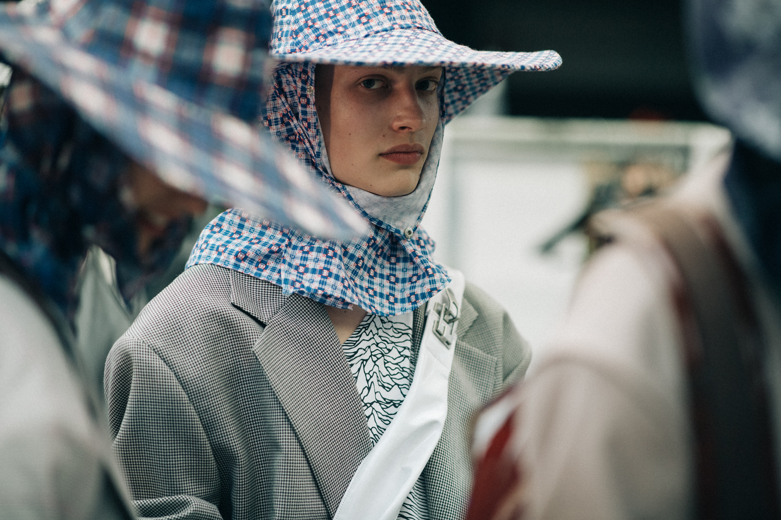 Male model wearing blue hat