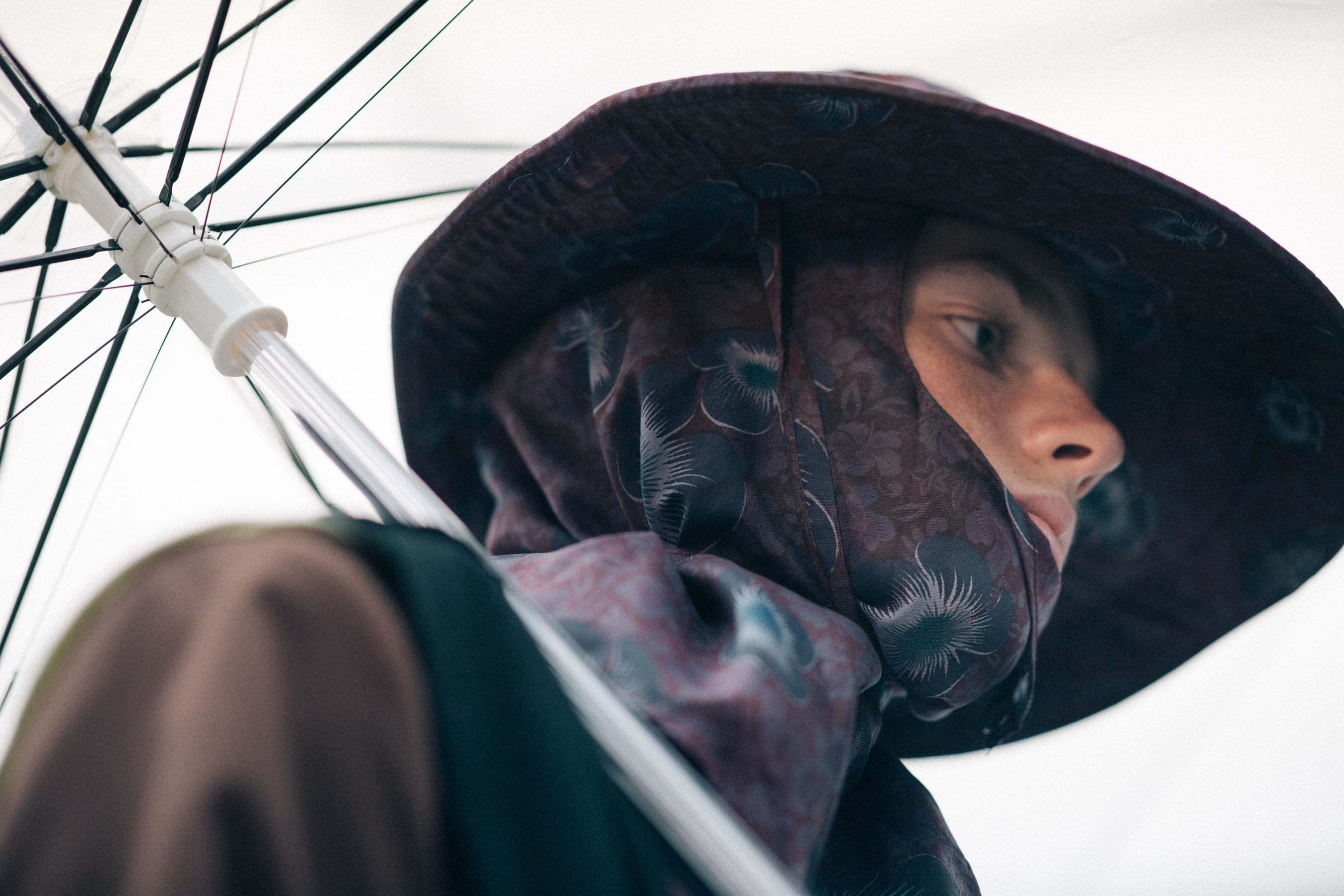 Male models wearing rain hats and umbrellas