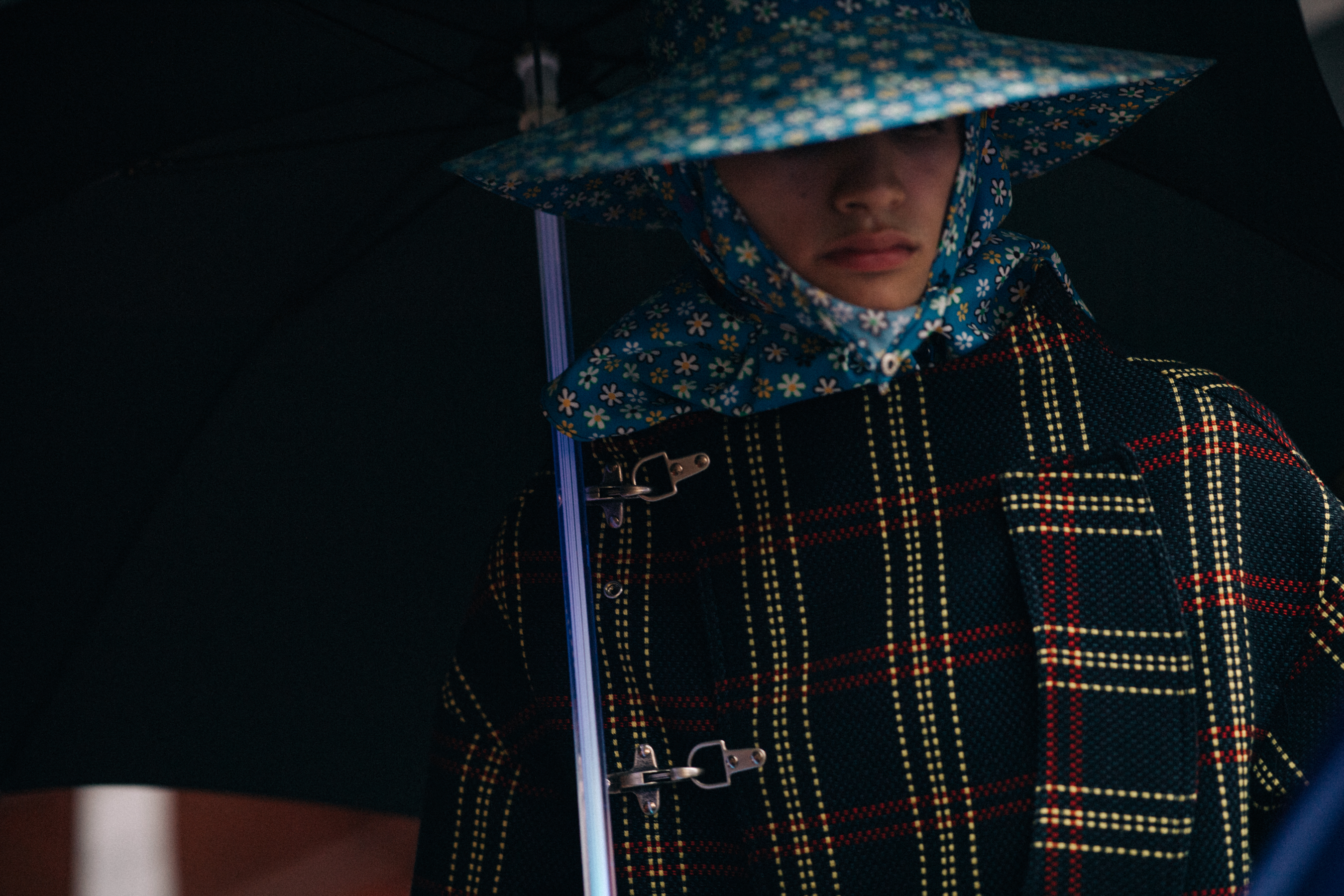 Model wearing tartan print coat
